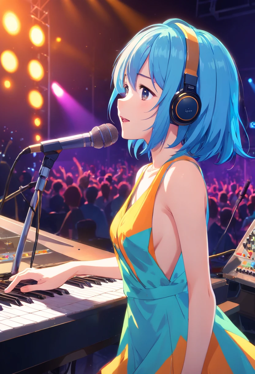 (​masterpiece、top-quality、8K )、Bird View、Frontal camera work、Anime slender with headphones sitting on inorganic table on laptop, creature, Beauty, Retro Modern, lock, urgent, Perfect, epicd,Music Studio, Best Shadows, Shallow depth of field, (of the highest quality, Amazing details: 1,4), Fancy, Glare, Neon Garland,intricate detailes,ultra-detailliert、one girls、Grinning 、(Live Stage:1.5),(Recording Microphone、Colorful dresses、Condenser microphone、Mixing Machine、Sampling Machine、mixer、Monitors:1.2),Singing in a concert hall、Sing on live stage、leading part、Spotlight from behind、Hyper realistic,Perfect Anatomy、lightblue hair、Short Bob Hair、singers、Colorful stage costumes、skinny legs、