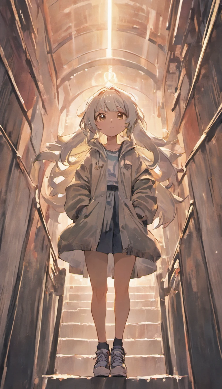 simple grunge art, girl with long silver hair, sophisticated, tomboy style, baggy jeans, platform sneakers, pose worms eye view, looking at viewer
