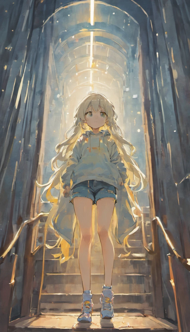 simple grunge art, girl with long silver hair, sophisticated, tomboy style, baggy jeans, platform sneakers, pose worms eye view, looking at viewer
