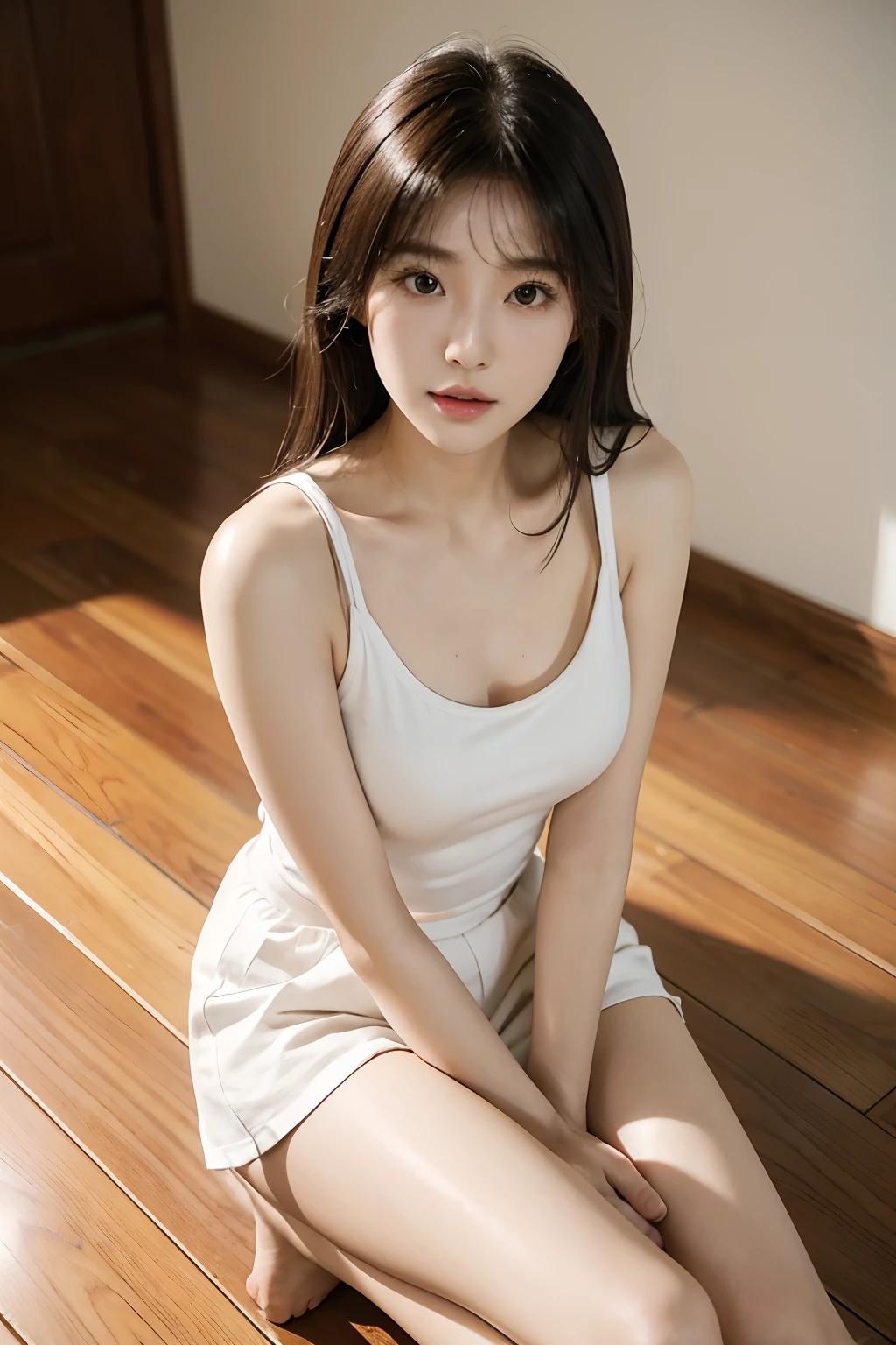 arafed asian woman sitting on a wooden floor in a white tank top, cute korean actress, beautiful young korean woman, gorgeous young korean woman, young adorable korean face, beautiful south korean woman, portrait of female korean idol, female actress from korea, taken with canon eos 5 d mark iv, jaeyeon nam, wan adorable korean face, korean girl, korean artist