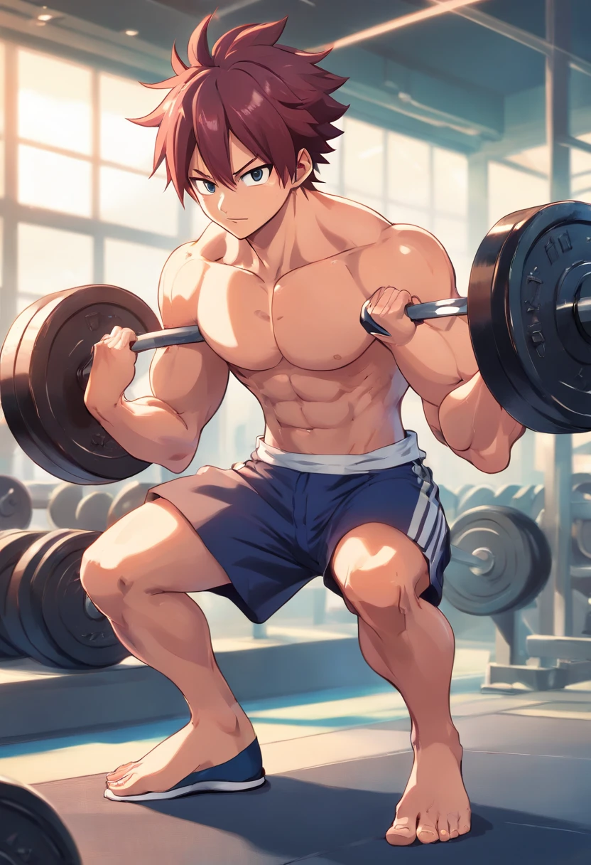 Natsu Dragneel, Fairy Tail, Masculino, Working out intensely in a bodybuilding gym, Well-defined and detailed muscles, focus in muscles, well-defined biceps and triceps, olhos perfeitos, perfect hands, rosto perfeito, tatuagem vermelha no ombro, expression serious, effect of flames around the character demonstrating his fury when lifting the weights.