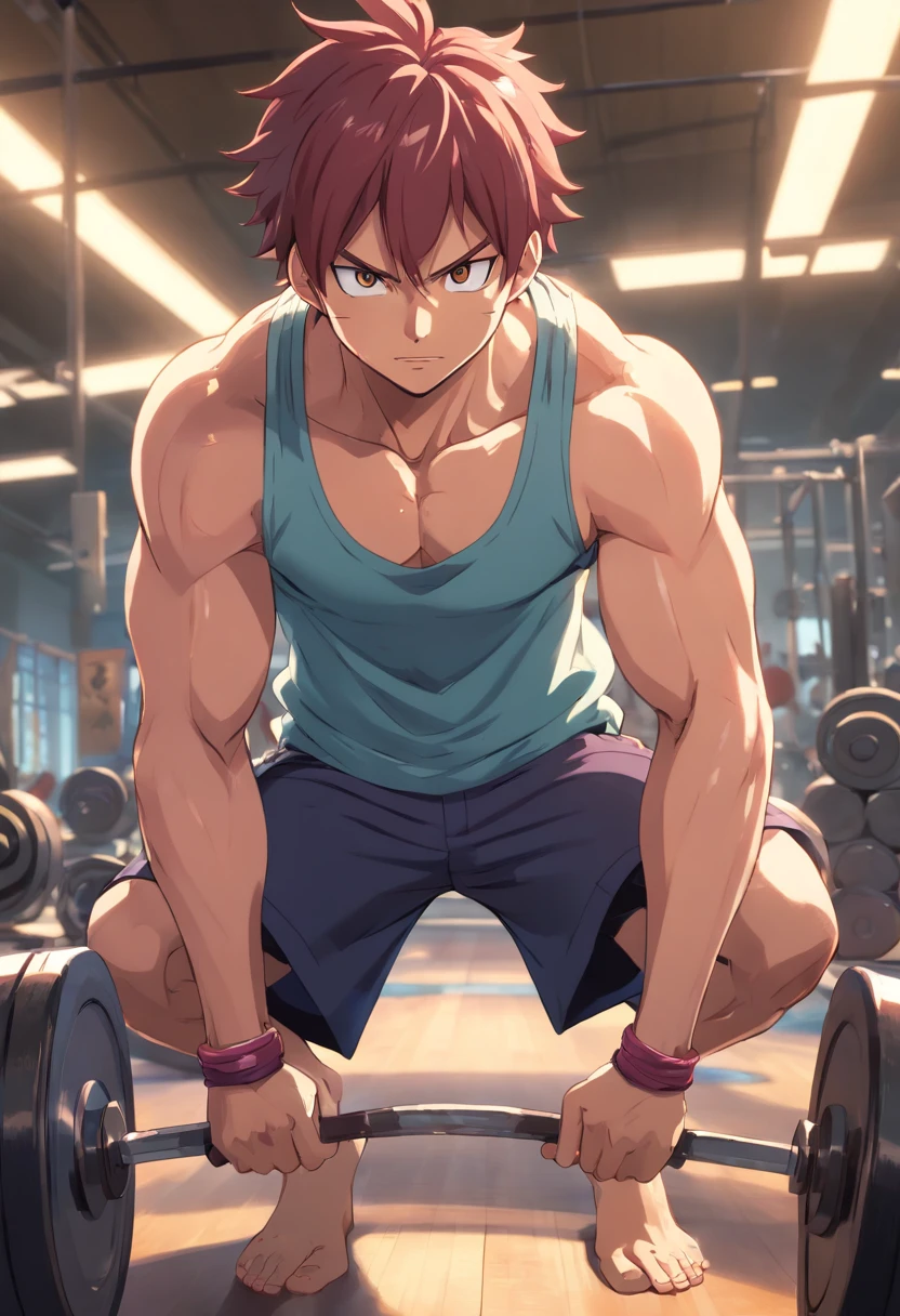 Natsu Dragneel, masculino, Working out hard in a bodybuilding gym, extremely defined muscles