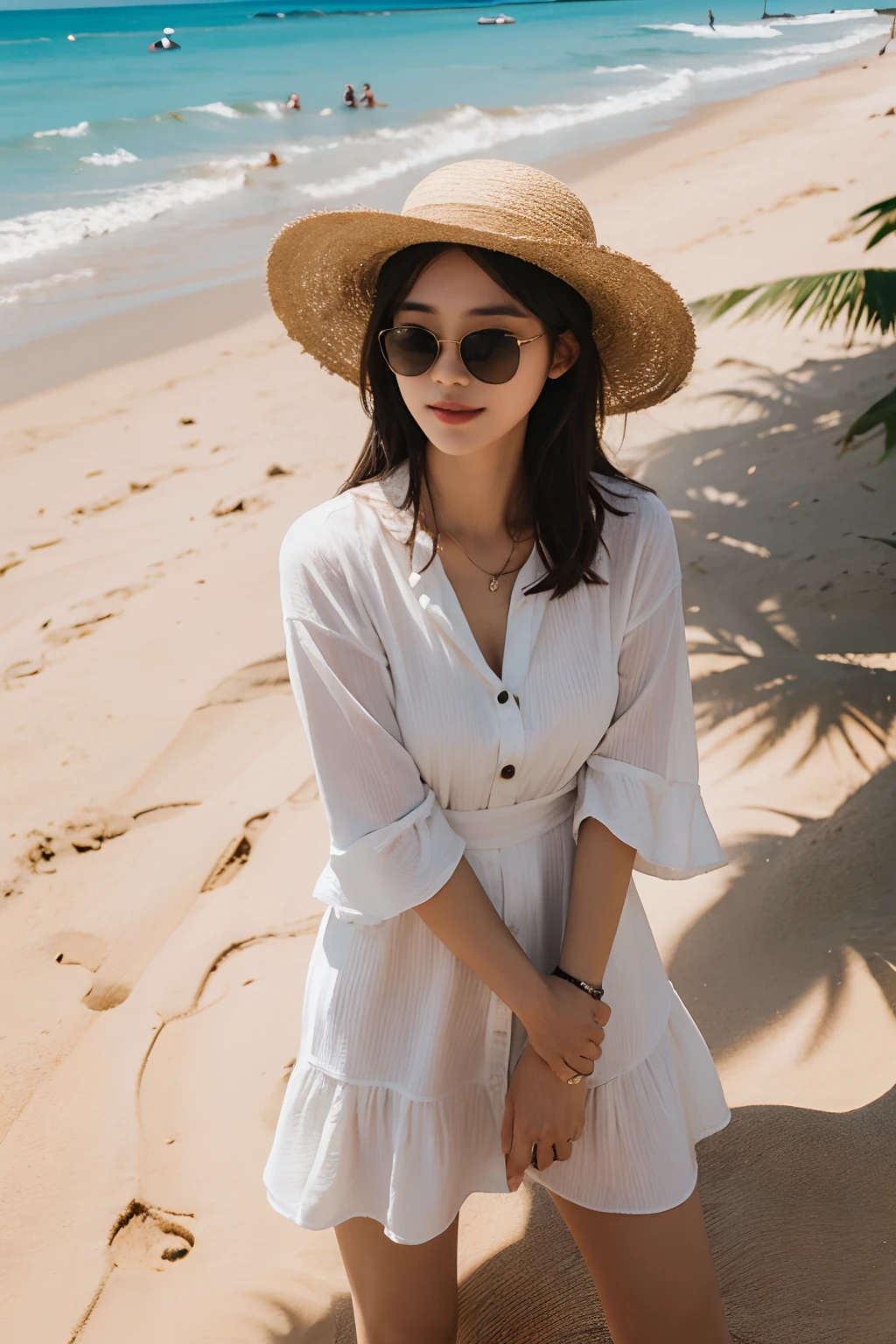 there is a woman wearing a hat and sunglasses on the beach, with hat, with straw hat, nivanh chanthara, mai anh tran, she is wearing a hat, wearing a travel hat, wearing a cute hat, south east asian with round face, wearing hat, wearing straw hat, 21 years old woman, 21 years old woman
