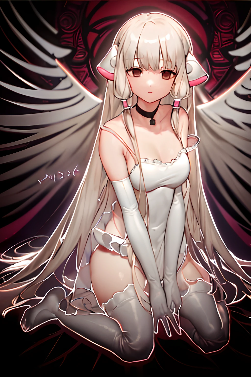 masterpiece, best quality, highly detailed, highres, hdr,
chobits, chii, hair tubes,
1girl, bangs, bare shoulders, bed sheet, black choker, breasts, brown eyes, choker, clamp (circle) (style), dress, elbow gloves, frilled dress, frills, gloves, grey hair, hand up, platinum blonde hair, ribbon choker, robot ears, sleeveless, sleeveless dress, small breasts, solo, strap slip, very long hair, white dress, white gloves
mksks style, beautiful background, detailed background, professional lightning, clouds, heaven, angel,