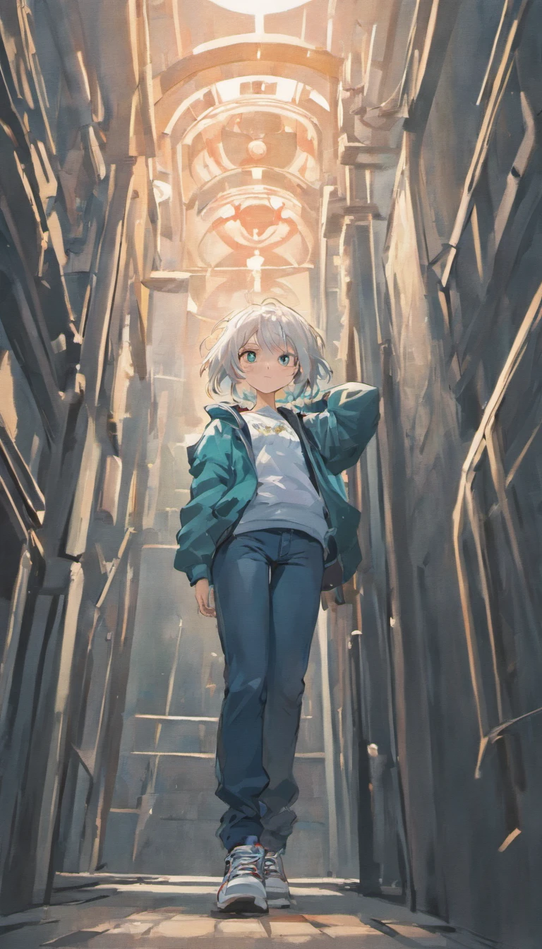 simple grunge art, girl with medium-length silver hair, sophisticated, tomboy style, baggy jeans, platform sneakers, pose worms eye view, looking at viewer, 21 years old