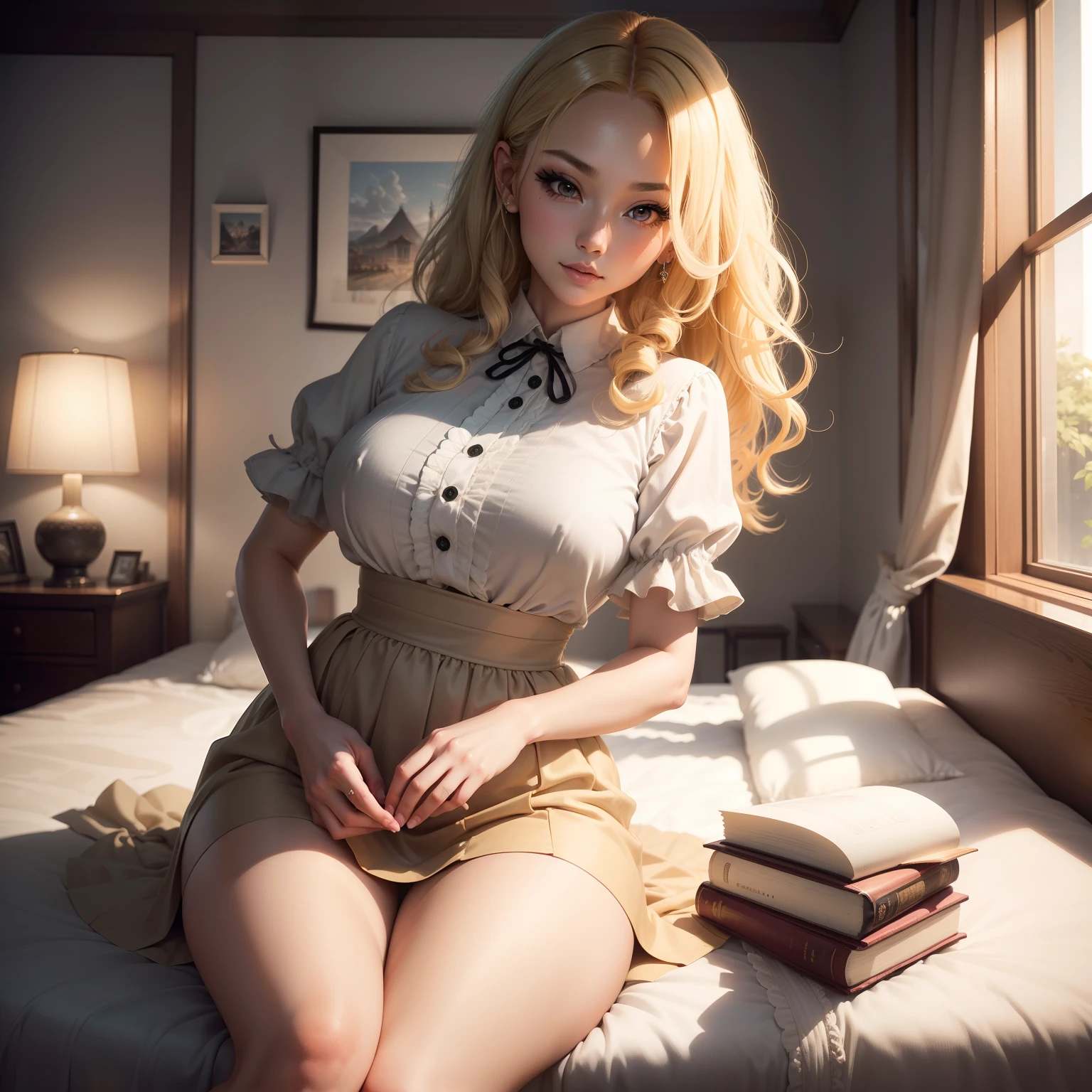 (masutepiece:1.2), (Best Quality:1.2), 独奏,Full body portrait,Perfect eyes, Perfect face, Perfect Lighting, 1girl in, Mature woman in the field, medium blonde hair, Curly hair, detailed  clothes, Detailed 1950s room, makeup, eyeshadows, thick eyelashes, Fantasy, Looking at the viewer, spring,seek a kiss,