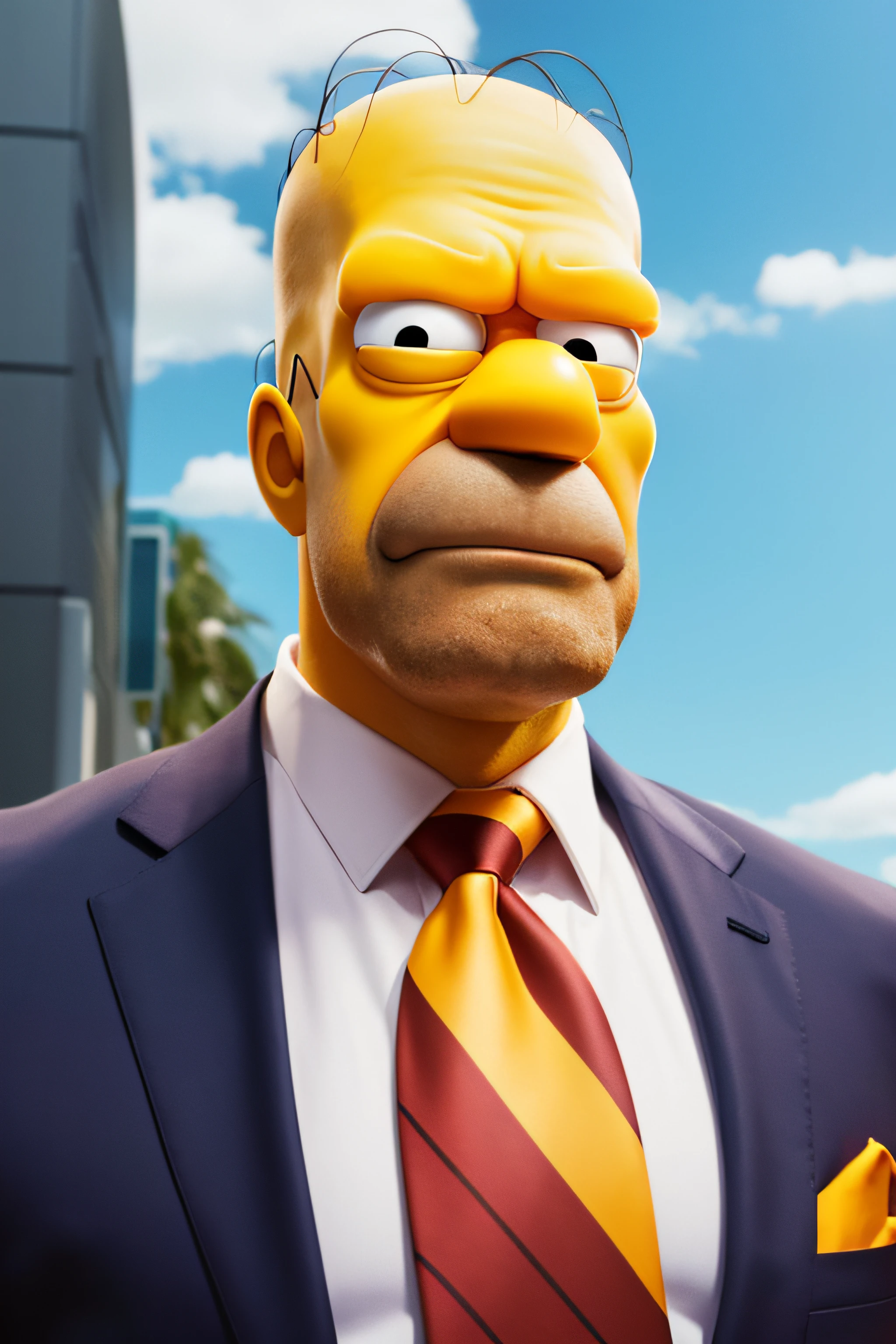 Muscular Homer Simpson face, wearing suit
