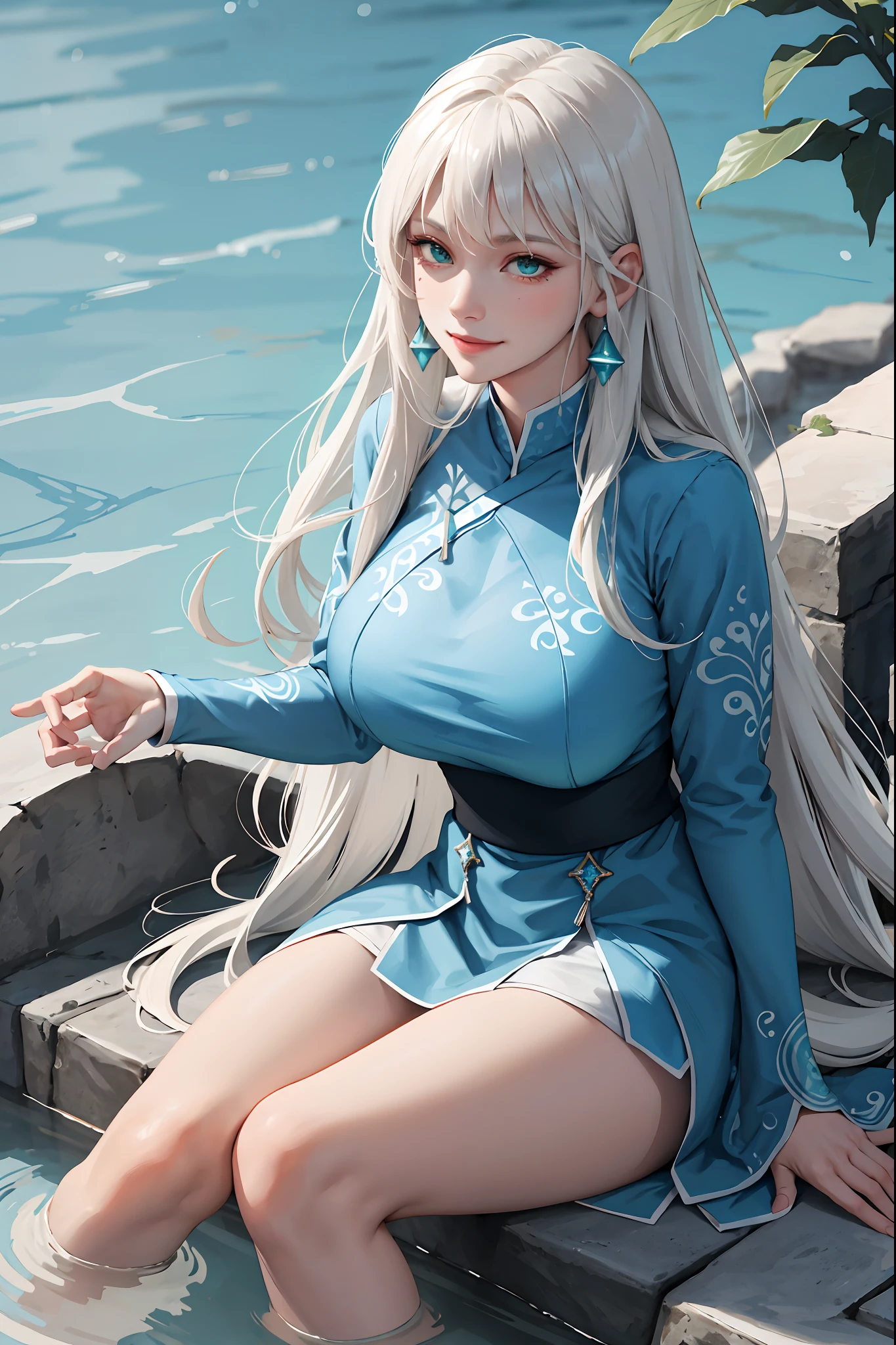 (masterpiece:1.2, best quality), (real picture, intricate details), 1lady, solo, upper body, sitting down, sitting, casual, long hair, minimal makeup, natural fabrics, close-up face, smile, smiling, really long light platinum blonde hair, really long hair, bangs, voluminous hair, green eyes,emerald green eyes, big breasts, big boobs, big tits, watertribe clothing, blue clothing, dress water tribe dress, water tribe dress, Korean bangs, cute bangs, mature face, 1adult, 1 female, 1 woman, (water tribe uniform), Waterbender, blue clothing, watertribe dress, waterbending (Avatar the Last Airbender)