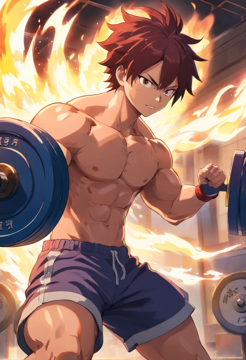 Natsu Dragneel, cauda de fada, masculino, Working out intensely in a bodybuilding gym, Well-defined and detailed muscles, focus in muscles, well-defined biceps and triceps, olhos perfeitos, perfect hands, rosto perfeito, tatuagem vermelha no ombro, expression serious, effect of flames around the character demonstrating his fury when lifting the weights.