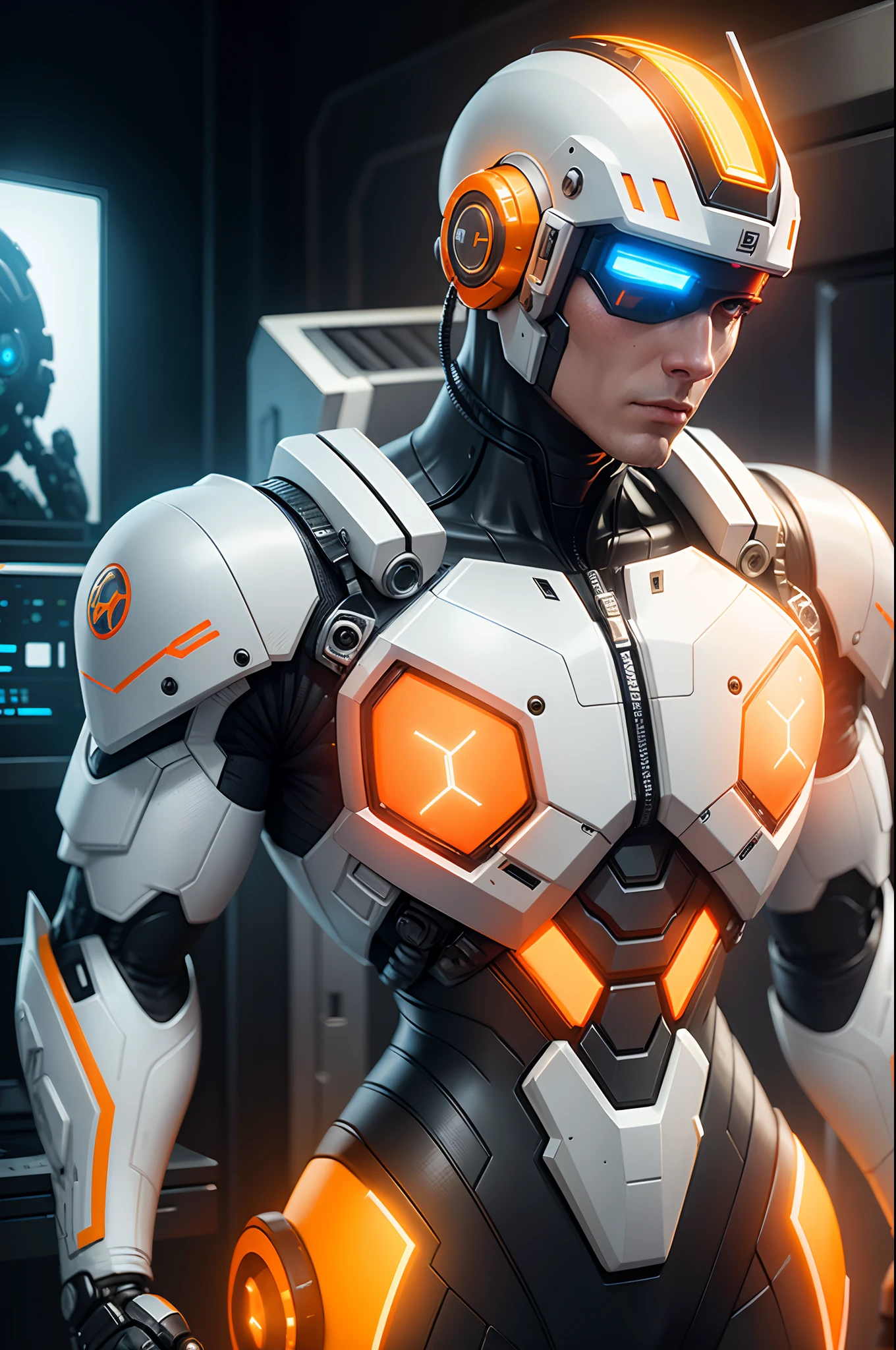 A realistic non-human robot white and orange yellow, Marvel's combat machine style in an advanced cybernetic suit, Cyberpunk technological helmet and visor