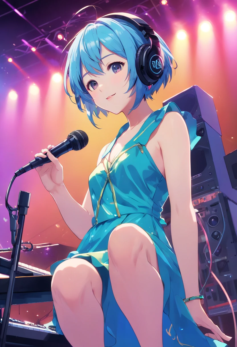 (masterpiece、top-quality、8K )、Bird View、Frontal camera work、Anime slender with headphones sitting on inorganic table on laptop, creature, Beauty, Retro Modern, lock, urgent, Perfect, epicd,Music Studio, Best Shadows, Shallow depth of field, (of the highest quality, Amazing details: 1,4), Fancy, Glare, Neon Garland,intricate detailes,ultra-detailliert、one girls、Grinning 、(Live Stage:1.5),(Recording Microphone、Colorful dresses、Condenser microphone、Mixing Machine、Sampling Machine、mixer、Monitors:1.2),Singing in a concert hall、Sing on live stage、leading part、Spotlight from behind、Hyper realistic,Perfect Anatomy、lightblue hair、Short Bob Hair、singers、Colorful stage costumes、skinny legs、Blue shoes with pin heels,(front view:1.5)