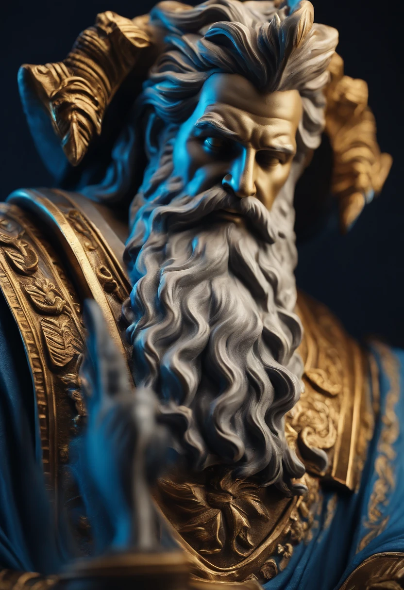 Crie uma imagem 8K inspiradora representando um Zeus grego ,Forte, olhando para o lado, immortalized as a bust statue, Single bust statue, com detalhes minuciosos, com fundo azul