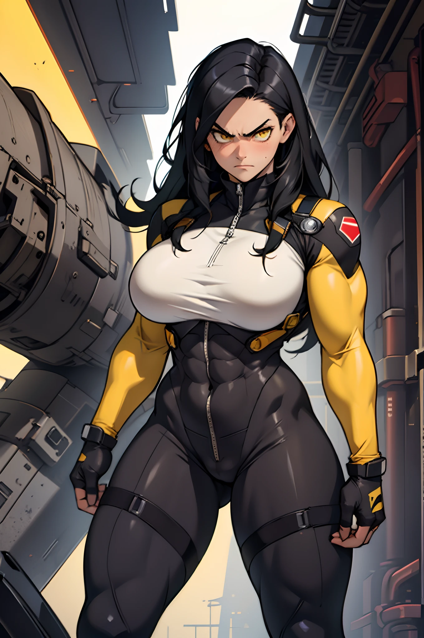 solo standing skintight ((muscular girl perfect anatomy)) toned body massive breasts yellow eyes black hair pale skin