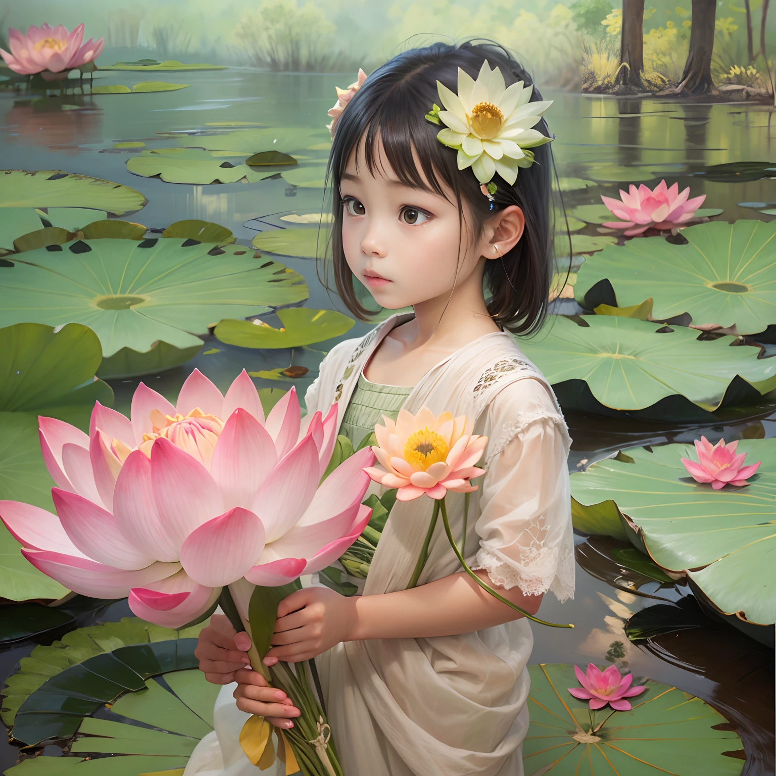 , Holding a bouquet of lotus flowers, lotuspond,