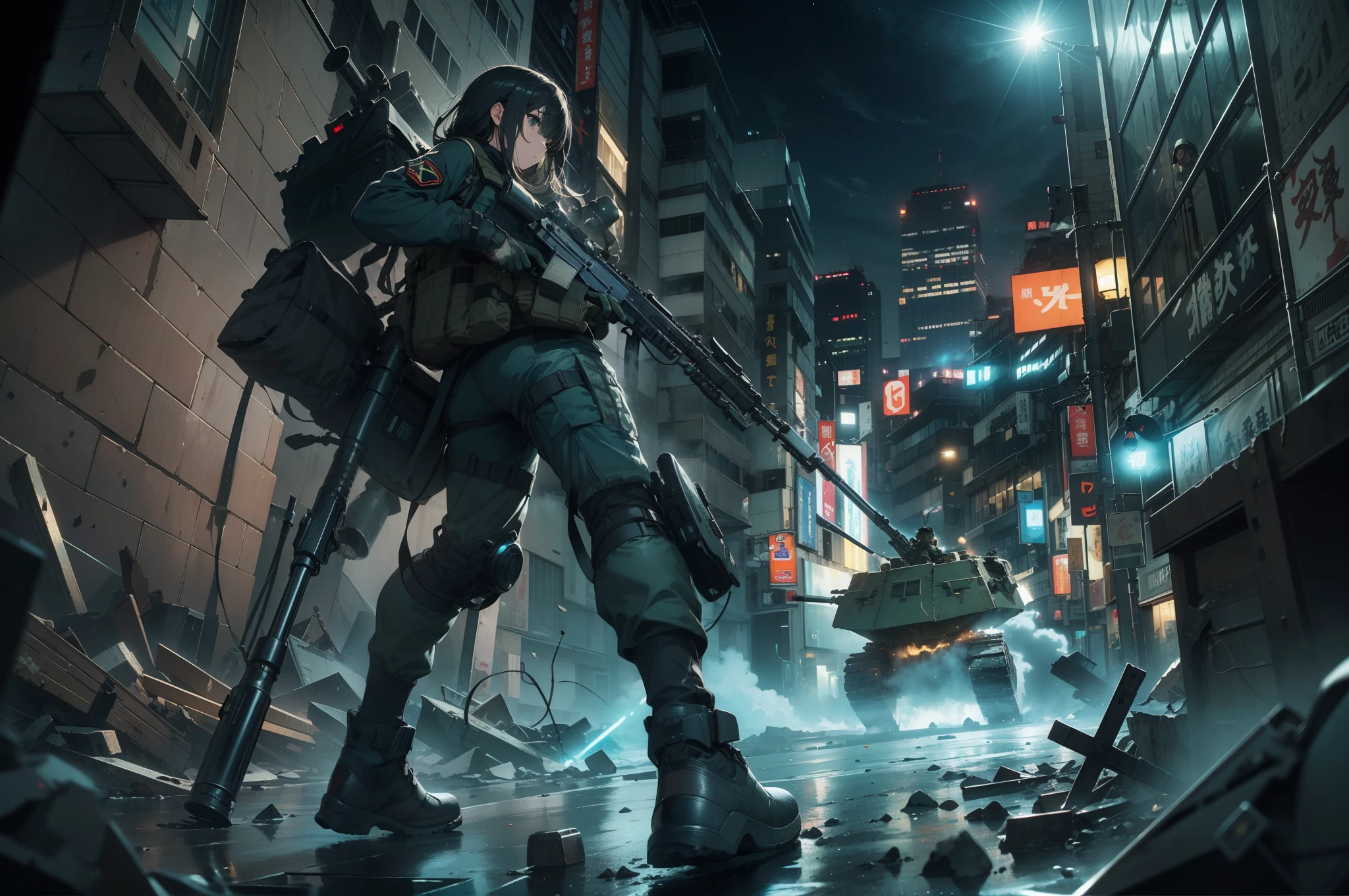 (One girl soldier sniping a giant military robot with a Lahti L-39 anti-tank gun)、Black combat uniform、Wide View、thick body、 Photorealsitic:1.4、long Brond Hair、green colored eyes、Have multiple weapons、Aim、direct light、rubble、((超A high resolution))、Detail writing、masterpiece、top-quality、extremely details CG、16K、Cinematographic lighting、lensflare、Shot with 35mm depth of field、f/1.8 lenses、(Night combat)、((Shinjuku at night with five special forces SWAT fighting))、(Sniping with an anti-tank rifle)、from side、hdr、hyper detailed、The wreckage of a giant robot、(wide angle lens)、What I see