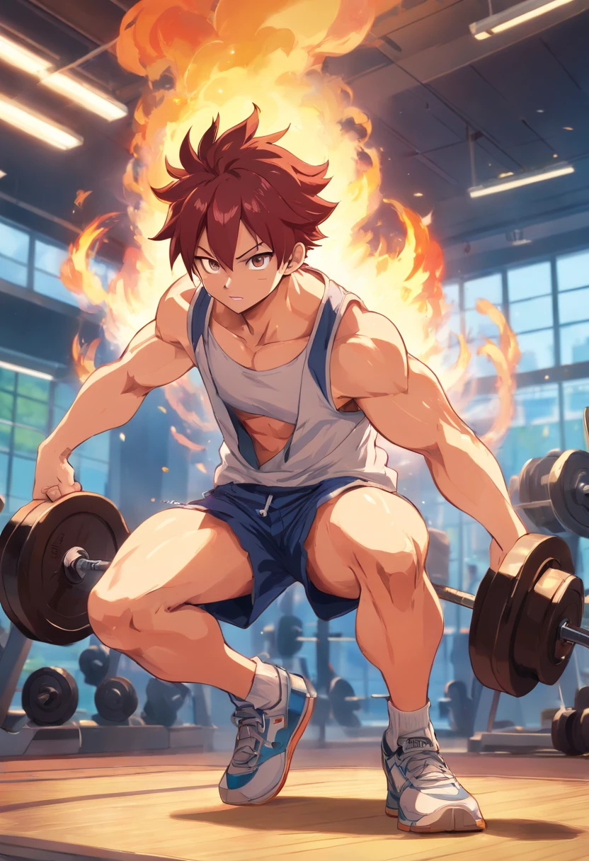 Natsu Dragneel, cauda de fada, masculino, Working out intensely in a bodybuilding gym, Well-defined and detailed muscles, focus in muscles, well-defined biceps and triceps, olhos perfeitos, perfect hands, rosto perfeito, tatuagem vermelha no ombro, expression serious, effect of flames around the character demonstrating his fury when lifting the weights.