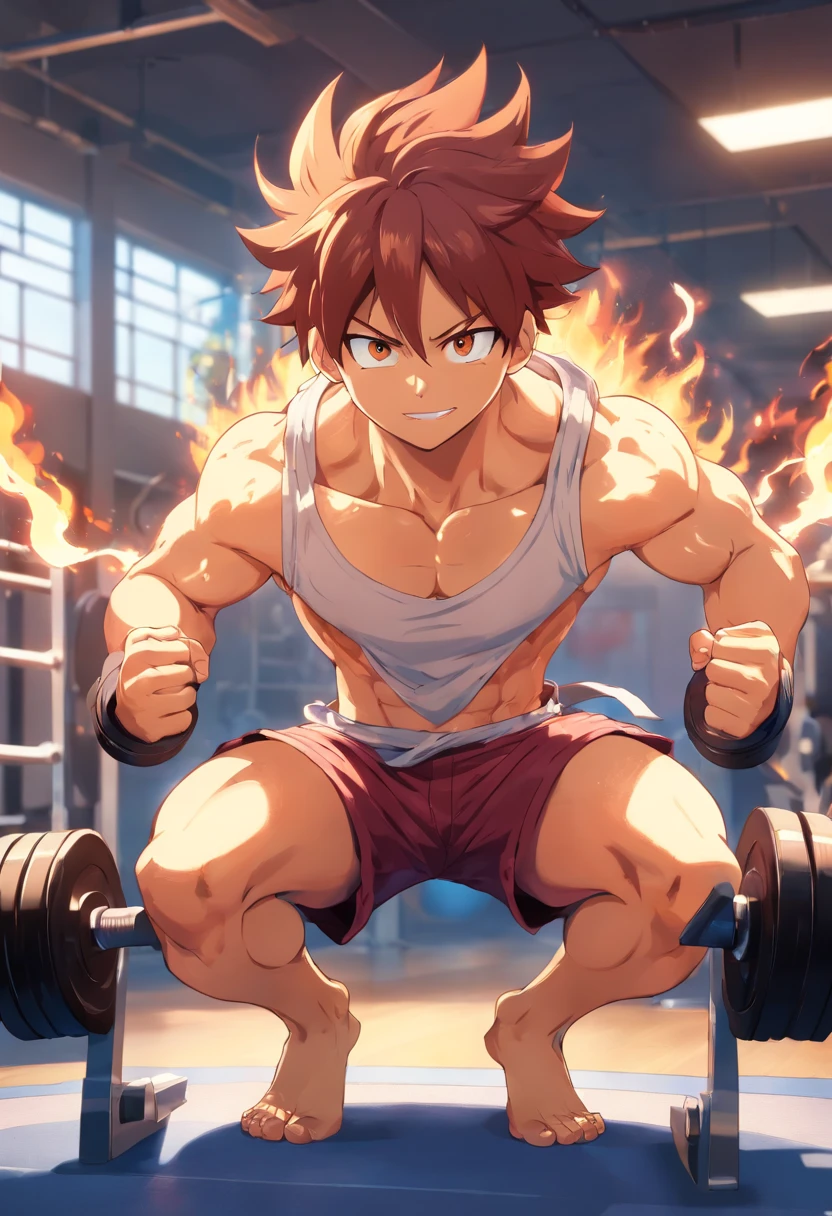 Natsu Dragneel, cauda de fada, masculino, Working out intensely in a bodybuilding gym, Well-defined and detailed muscles, focus in muscles, well-defined biceps and triceps, olhos perfeitos, perfect hands, rosto perfeito, tatuagem vermelha no ombro, expression serious, effect of flames around the character demonstrating his fury when lifting the weights.