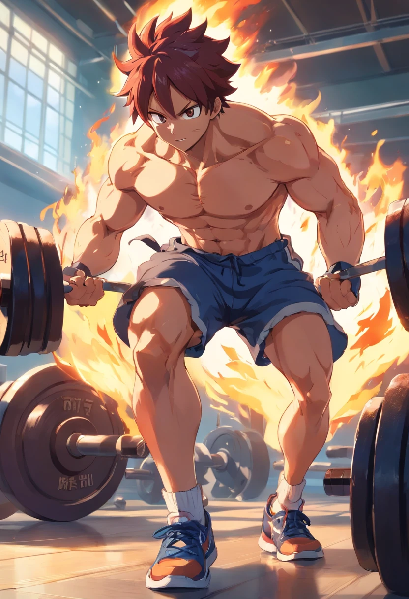 Natsu Dragneel, cauda de fada, masculino, Working out intensely in a bodybuilding gym, Well-defined and detailed muscles, focus in muscles, well-defined biceps and triceps, olhos perfeitos, perfect hands, rosto perfeito, tatuagem vermelha no ombro, expression serious, effect of flames around the character demonstrating his fury when lifting the weights.