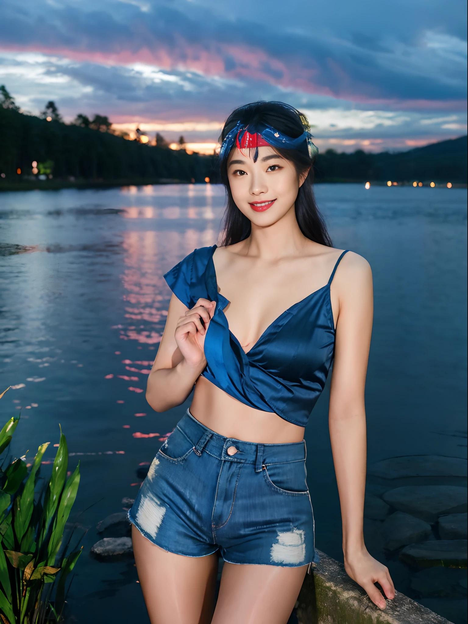 Night view by the lake,Rainy,Photo style,ultra-realistic realism,Anatomically correct,1 Girls wear deep V shorts,Piper,Silk headdress,full bodyesbian,ssmile,High quality,Masterpiece,high detal,Medium shot,