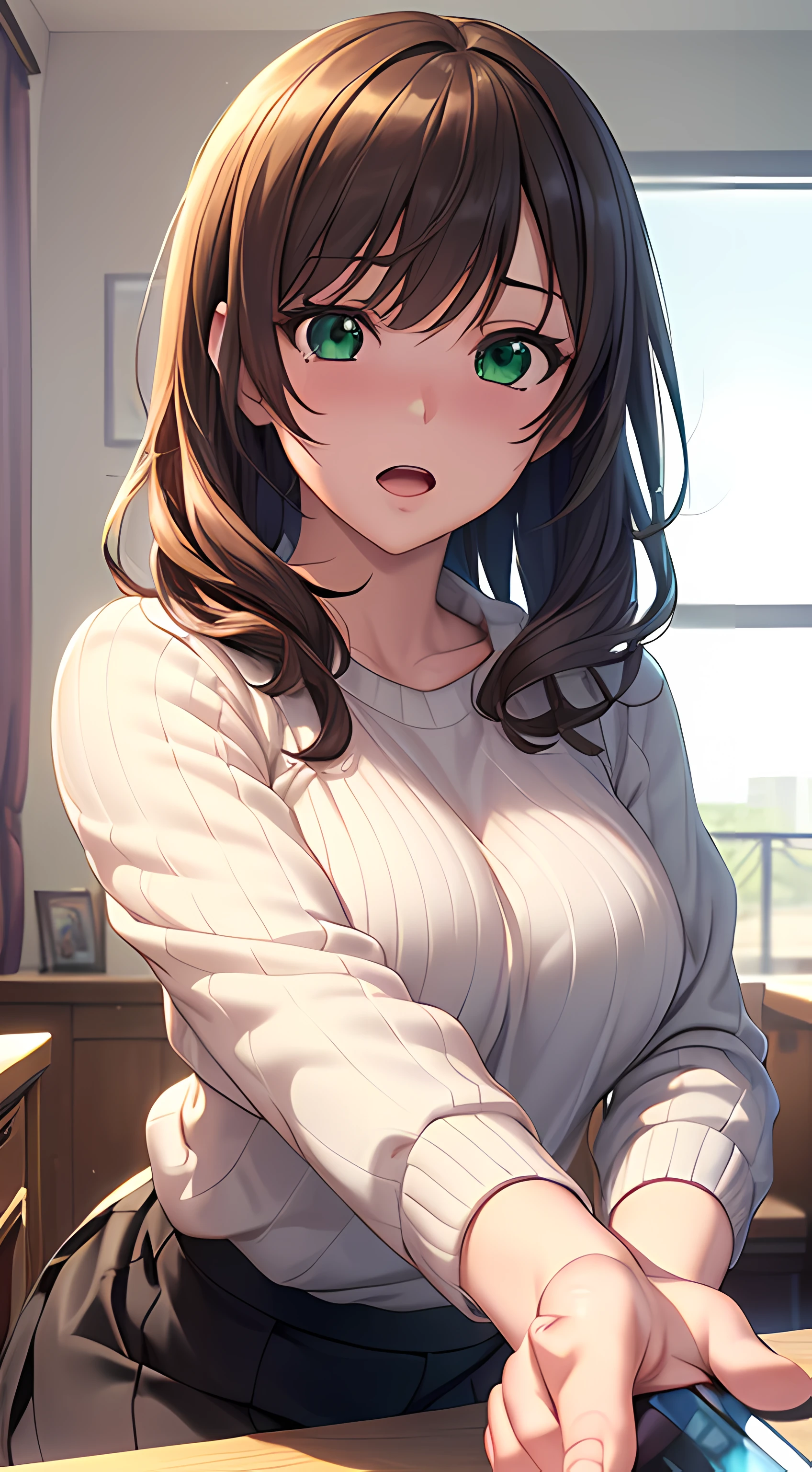 ((masterpiece, best quality, highres, UHD, perfect pixel, depth of field, 4k, RTX, HDR))), 1girl, single, solo, beautiful anime girl, beautiful artstyle, anime character, ((long hair, bangs, brown hair, curly hair:0.8)), ((green eyes:1.4, rounded eyes, beautiful eyelashes, realistic eyes)), ((detailed face, blushing:1.2)), ((smooth texture:0.75, realistic texture:0.65, photorealistic:1.1, anime CG style)), medium breasts, dynamic angle, perfect body, (cleavage:0.85), ((POV, close up, dynamic pose, sighing expression, open mouth)), ((white sweater, black skirt)), indoor, bedroom, natural light, sunshine