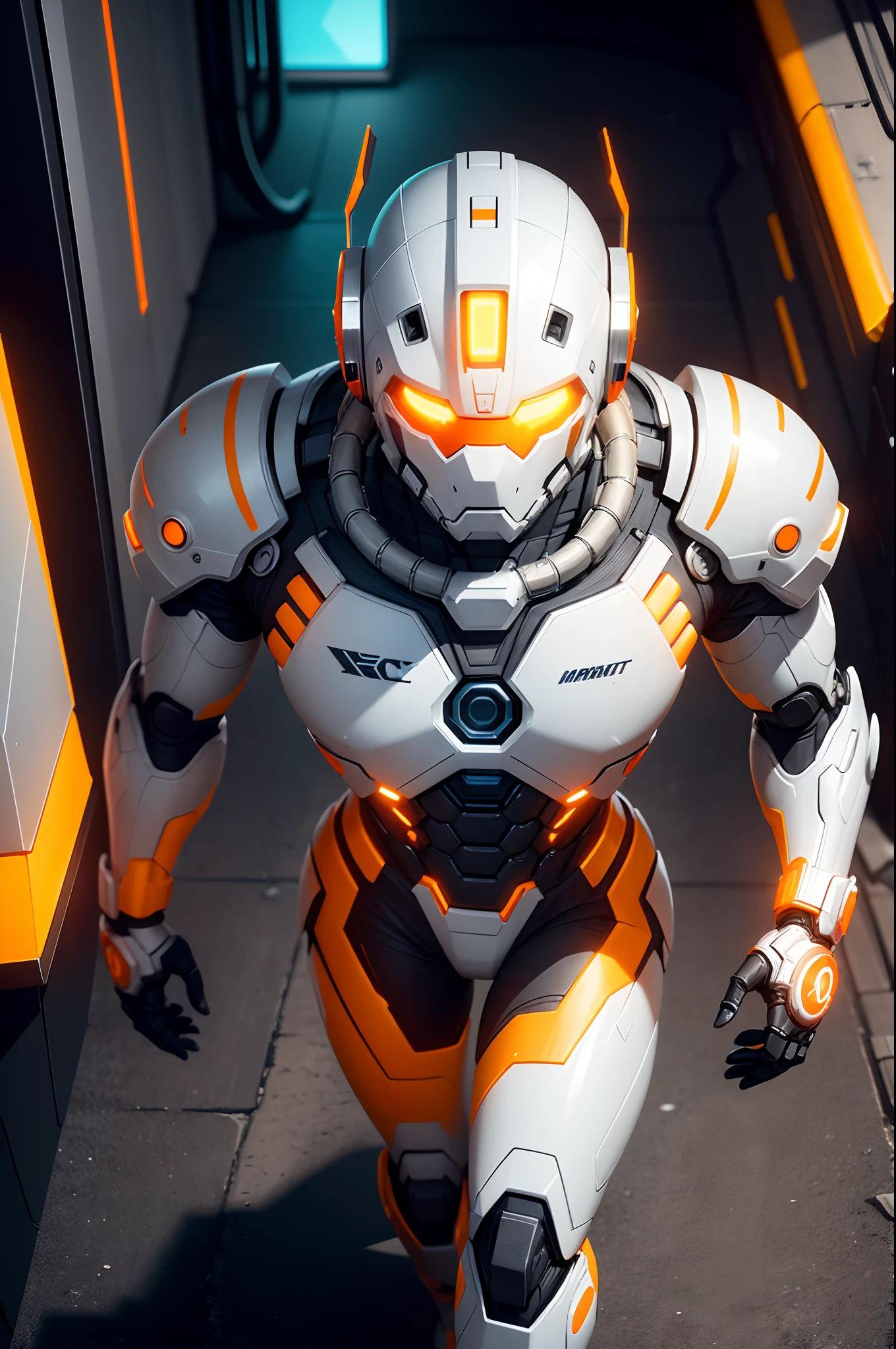 A realistic non-human robot white and orange yellow,  Marvel's combat machine style in an advanced cybernetic suit, Cyberpunk technological helmet and visor