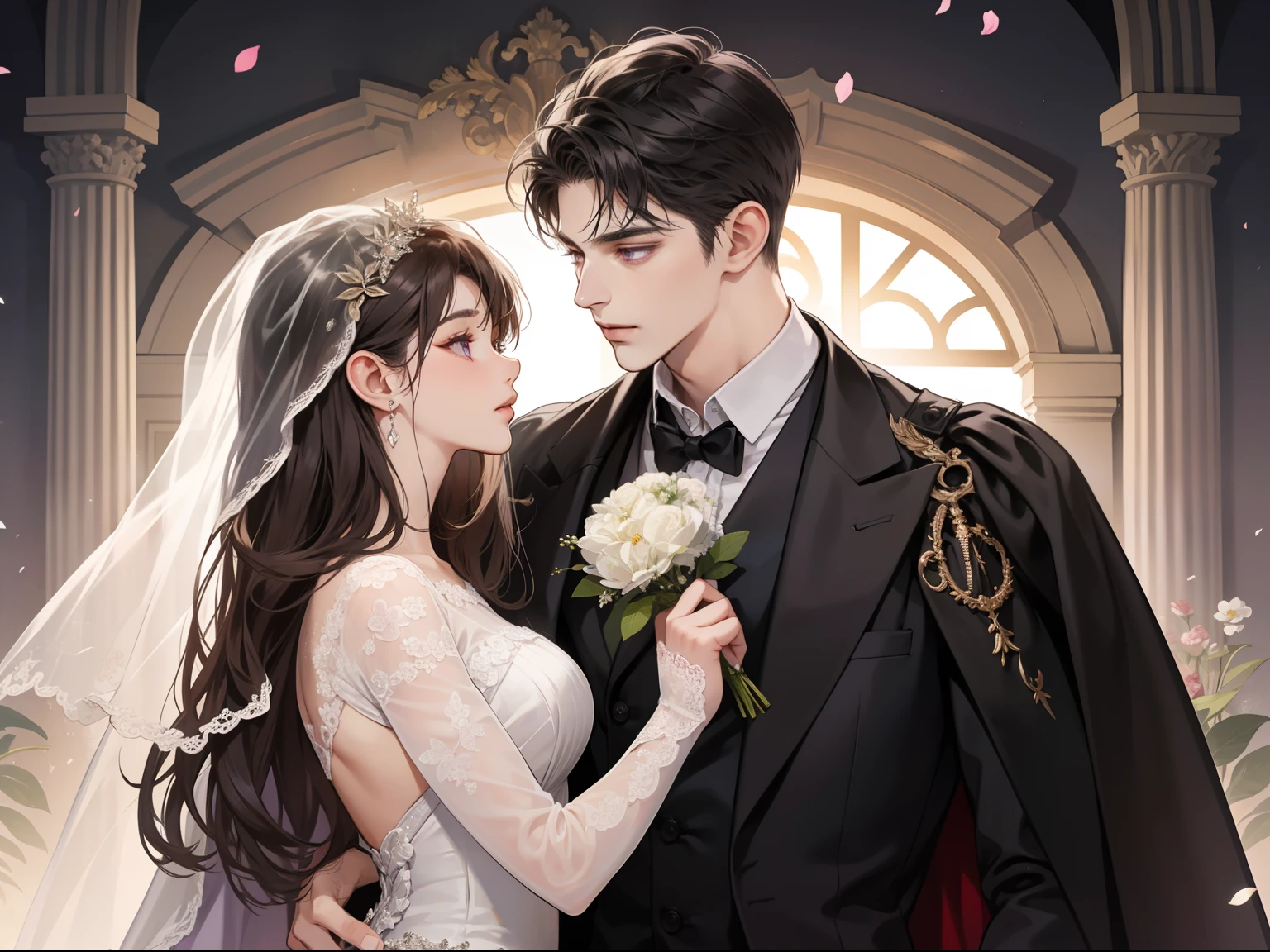 couple, 1 man 1 woman, different hair color, extremely detailed face, ((woman with Long dark black front bang hair with and purple eyes)), man with short dark brown hair and dark grey eyes, face to face, 25 years old, Victorian era, (woman wears a wedding dress and holds a flower), (man wears a suit and a long black cape), dim light, boy is taller, (getting married), (dark purple eyes woman), (dark grey eyes man), in the wedding ceremony