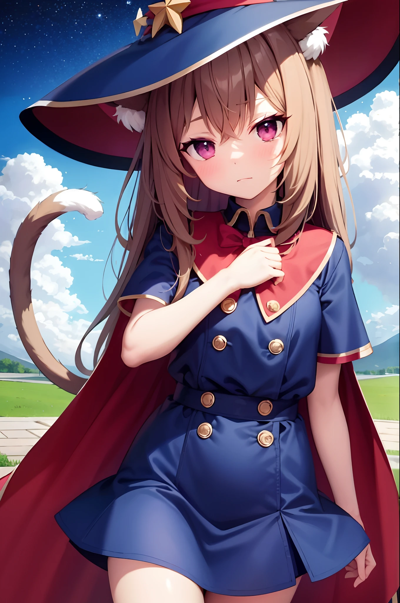 tmasterpiece,best qualtiy,A high resolution,The is very detailed,detailedbackground,1girll,looking at viewert,are standing,Cat ears,a cat tail,looking at viewert,Severe melancholy expression, Khaki hair, long whitr hair,Puff sleeves, Bubble short sleeves, Blue magic cloak, Wide witch hat,red color eyes, the night,Brilliant starry sky,Stand in front of the castle