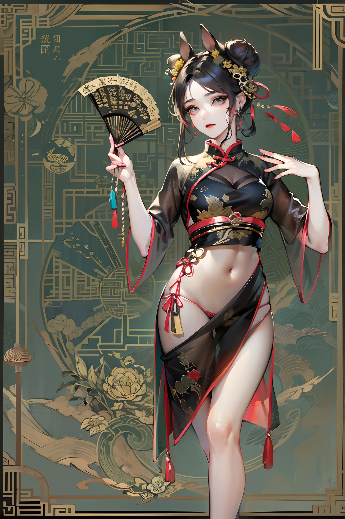 a beauty girl,Black and gold cheongsam,black lence stockings,Ancient wind,China-style,Chinese tradition,cleavage,cabelos preto e longos,(Delicate face),folding fan,hair-bun,耳Nipple Ring,(Bare back),Raise your legs,(One word horse),(did not wear panties)