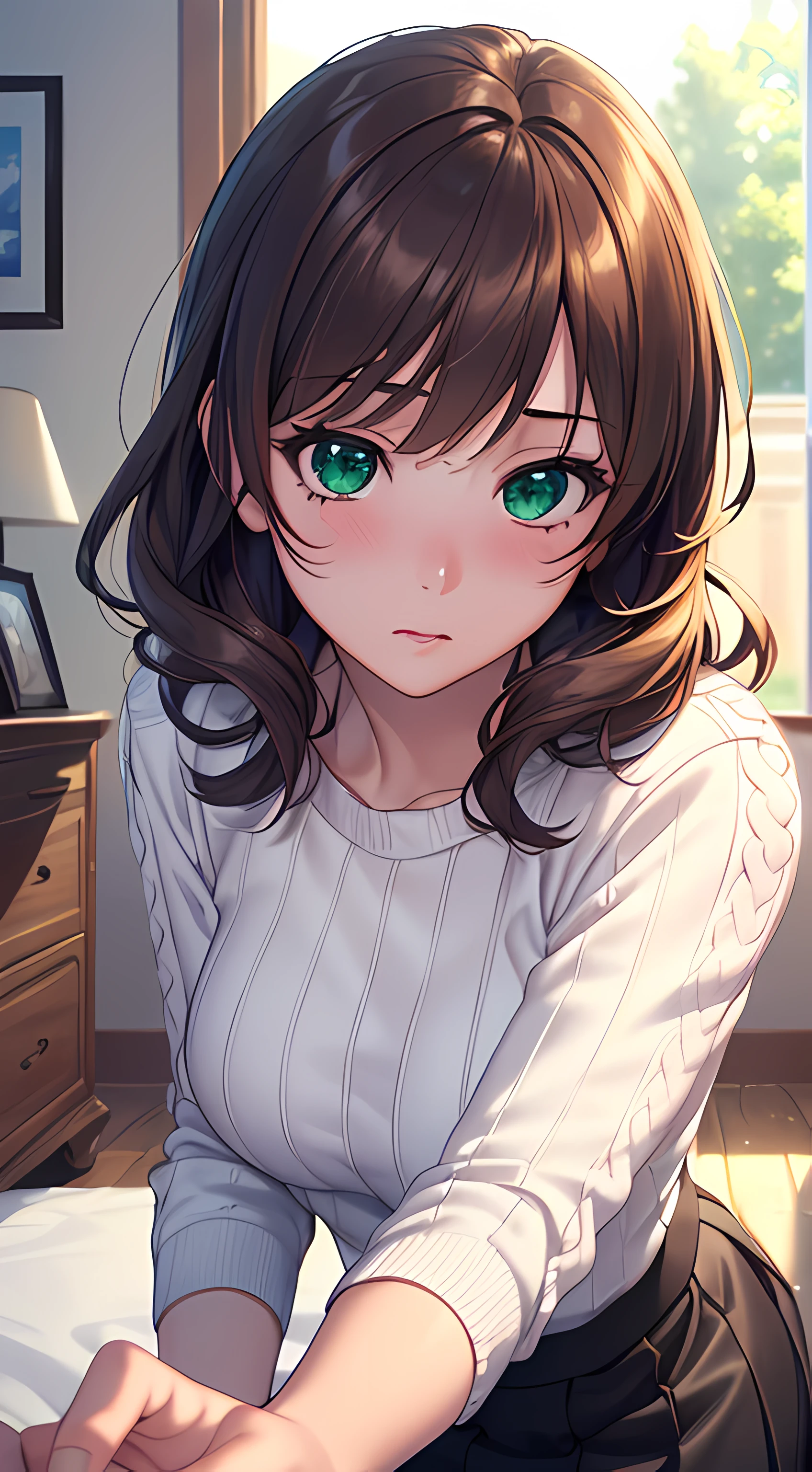 ((masterpiece, best quality, highres, UHD, perfect pixel, depth of field, 4k, RTX, HDR))), 1girl, single, solo, beautiful anime girl, beautiful artstyle, anime character, ((long hair, bangs, brown hair, curly hair:0.8)), ((green eyes:1.4, rounded eyes, beautiful eyelashes, realistic eyes)), ((detailed face, blushing:1.2)), ((smooth texture:0.75, realistic texture:0.65, photorealistic:1.1, anime CG style)), medium breasts, dynamic angle, perfect body, (cleavage:0.85), ((POV, close up, dynamic pose, embrassed expression)), ((white sweater, black skirt)), indoor, bedroom, natural light, sunshine