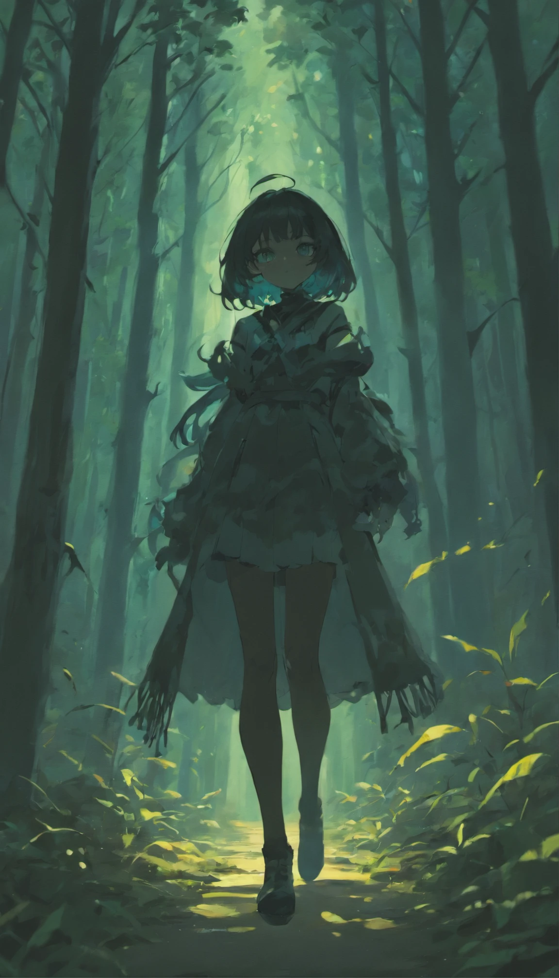 dark forest atmosphere, female shadow figure, pretty woman