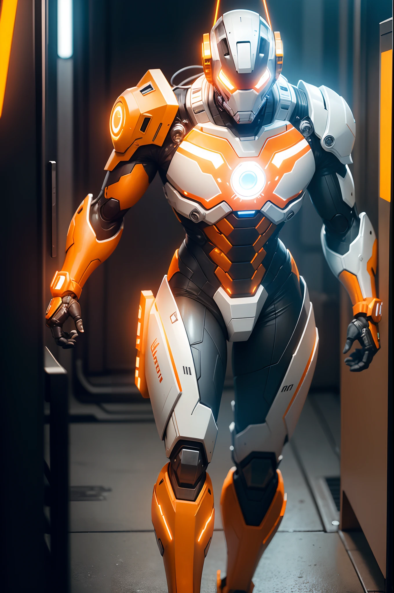 A realistic non-human robot white and orange yellow,  Marvel's combat machine style in an advanced cybernetic suit, Cyberpunk technological helmet and visor