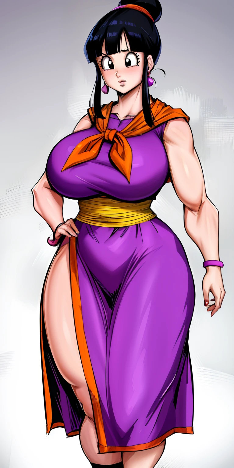chichi_dbz, standing, solo, large_breasts, Purple_Dress_Orange_Neckerchief, masterpiece, best quality, detailed face, detailed eyes, highres,