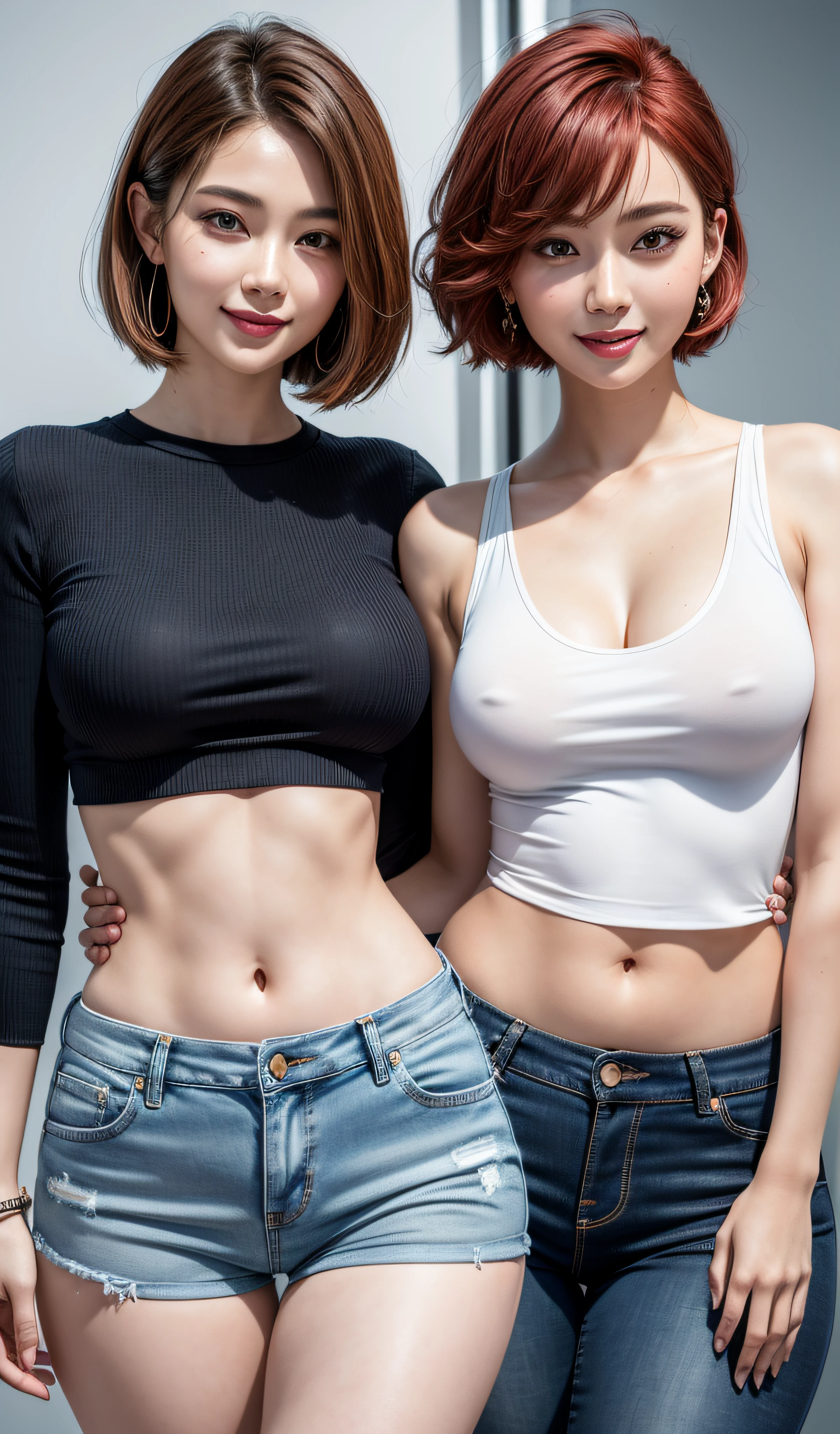 8K, Masterpiece, RAW photo, Best quality, Photorealistic, Extremely detailed CG unifies 8K, 8K, Diamond, and wallpaper, Depth of field, Cinematic light, Lens flare, Ray tracing, Super sexy Maria dressed (Low-cut and tight (Ultra-short,denim hot-pants)),((full bodyesbian)),((Long legs)), (thigh gap:1.5),(big assa),Pretty Korean girl, Kpop idol, 1 girl, (Very slim and slender muscular body:1.3), ((view the viewer)),(Big smile:1.3),(big assa),((White crop top top:1.5) Vest with exposed neckline), Short hair, Red hair, photorealestic, photography of, (A high resolution), (realisticlying:1.4), (very intricate), (exquisitedetails), highly detailed, A high resolution, Original, Extremely detailed 8k wallpaper, best qualtiy, 详细的脸, ultra - detailed, RAW photogr, realisticlying, (Extremely beautiful face, Beautiful lips, Beautiful eyes), intricate detail face, ((ultra detailed skin),(Low-cut and tight (Flare Jeans)),(thigh gap:1.5),(big assa), (view the viewer:1.3) Short hair, Red hair,open breast, Very slim, Medium breasts, Turn Back, Back shot, , underwear