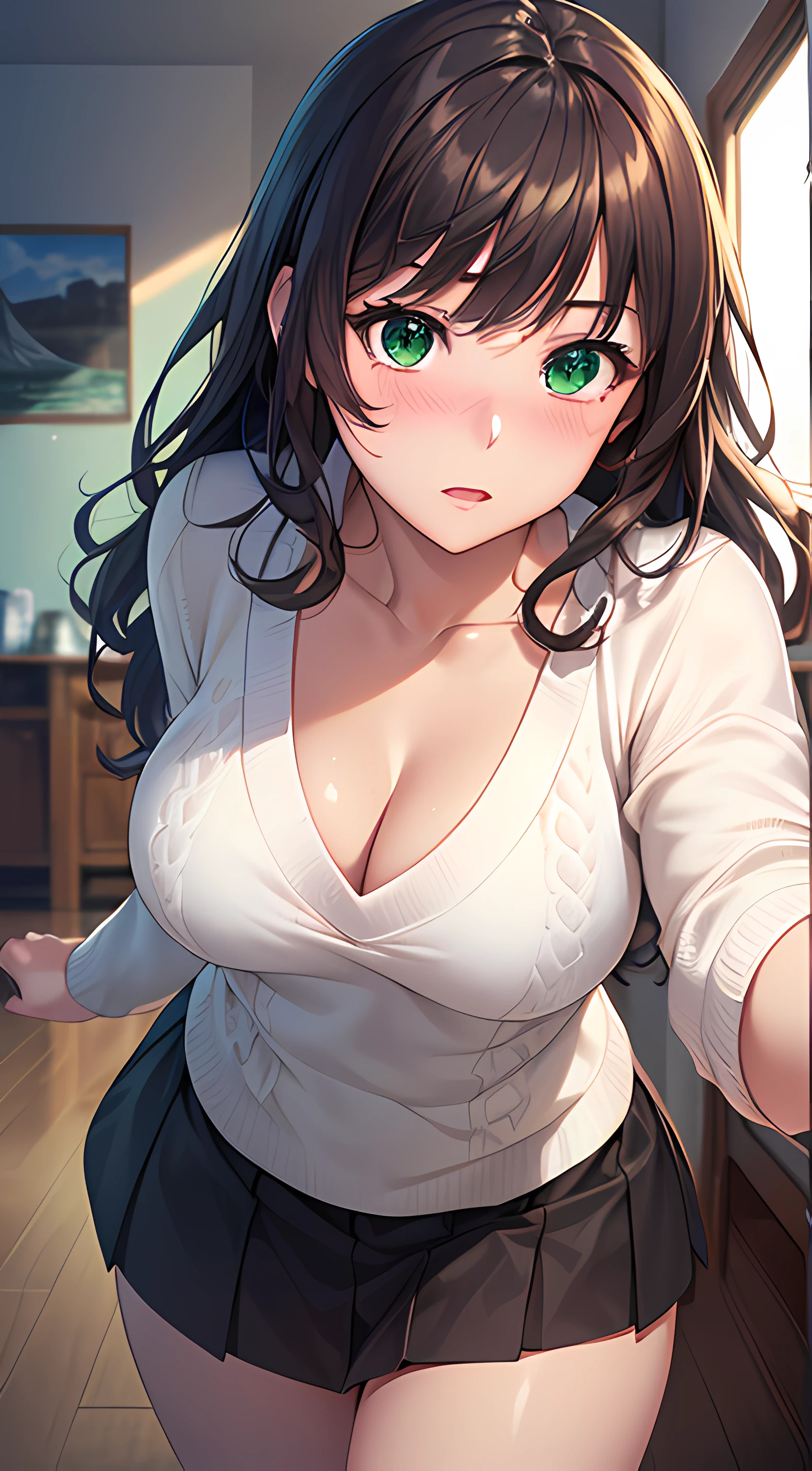 ((masterpiece, best quality, highres, UHD, perfect pixel, depth of field, 4k, RTX, HDR))), 1girl, single, solo, beautiful anime girl, beautiful artstyle, anime character, ((long hair, bangs, brown hair, curly hair:0.8)), ((green eyes:1.4, rounded eyes, beautiful eyelashes, realistic eyes)), ((detailed face, blushing:1.2)), ((smooth texture:0.75, realistic texture:0.65, photorealistic:1.1, anime CG style)), medium breasts, dynamic angle, perfect body, cleavage, ((POV, close up, dynamic pose, embrassed expression)), ((white sweater, black skirt)), indoor, bedroom, natural light, sunshine
