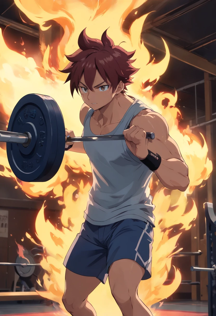 Natsu Dragneel, cauda de fada, masculino, Working out intensely in a bodybuilding gym, Well-defined and detailed muscles, focus in muscles, well-defined biceps and triceps, olhos perfeitos, perfect hands, rosto perfeito, tatuagem vermelha no ombro, expression serious, effect of flames around the character demonstrating his fury when lifting the weights.