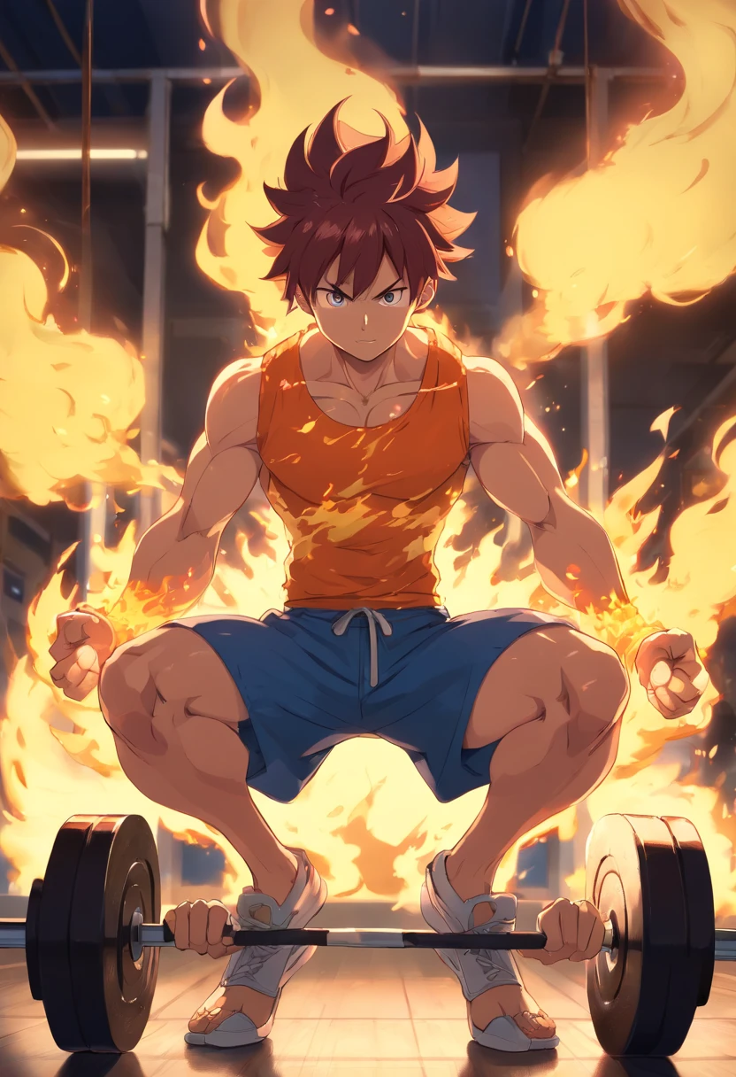 Natsu Dragneel, cauda de fada, masculino, Working out intensely in a bodybuilding gym, Well-defined and detailed muscles, focus in muscles, well-defined biceps and triceps, olhos perfeitos, perfect hands, rosto perfeito, tatuagem vermelha no ombro, expression serious, effect of flames around the character demonstrating his fury when lifting the weights.