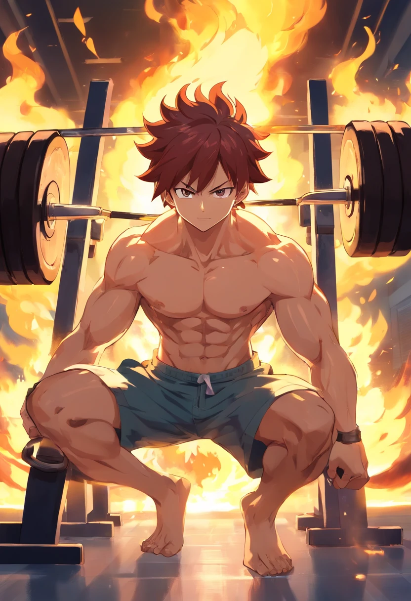 Natsu Dragneel, cauda de fada, masculino, Working out intensely in a bodybuilding gym, Well-defined and detailed muscles, focus in muscles, well-defined biceps and triceps, olhos perfeitos, perfect hands, rosto perfeito, tatuagem vermelha no ombro, expression serious, effect of flames around the character demonstrating his fury when lifting the weights.