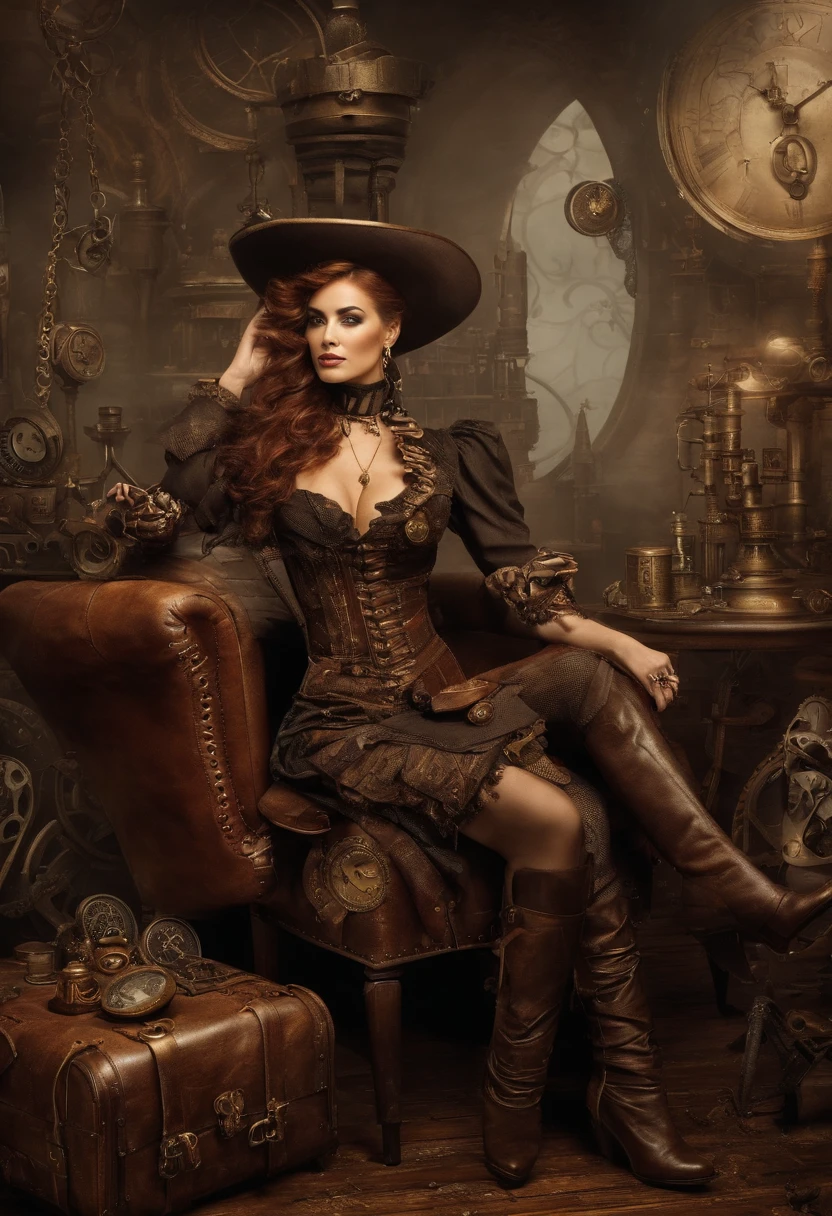 Hay una mujer sentada en un sofa entre dos hombres, uno con cara seria y otro riendo, Chica steampunk, usando disfraces de steampunk, Chica inventora steampunk, (steampunk), ( steampunk ), Estilo steampunk, Vapor-punk, Steampunk fiction, steampunk aesthetic, Una hermosa diosa steampunk, steampunk hermosa mujer anime, steampunk, steampunk fantasy, steampunk fantasy style, Arte steampunk, Arte digital steampunk, Ropa steampunk