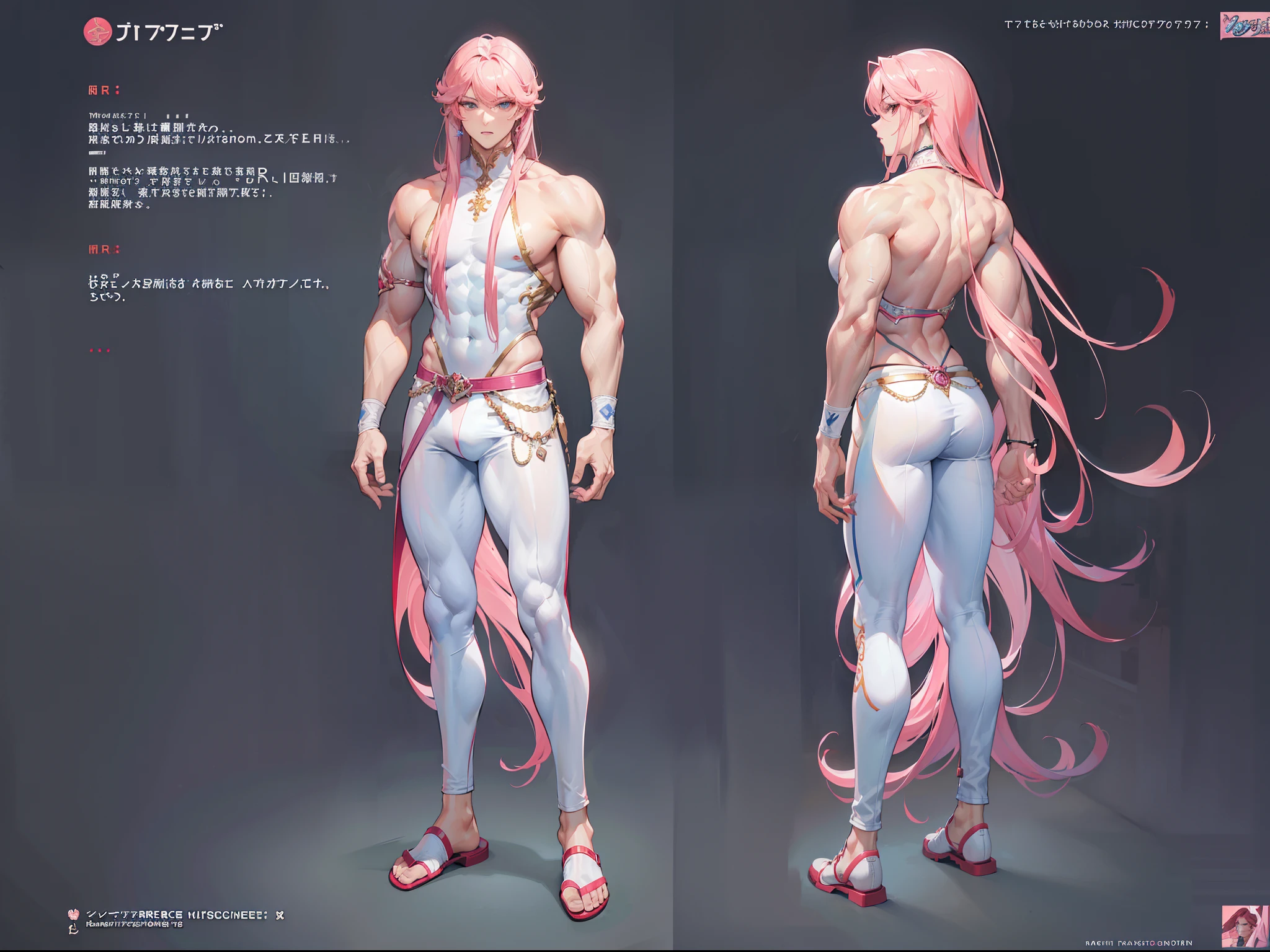 ((Masterpiece, Highest quality)), Detailed face, character design sheet, full bodyesbian, Full of details, frontal body view, back body view, Highly detailed, Depth, Many parts, Muscle boy with long pink hair,handsome man, muscle body, white outfit male gods, man tall
