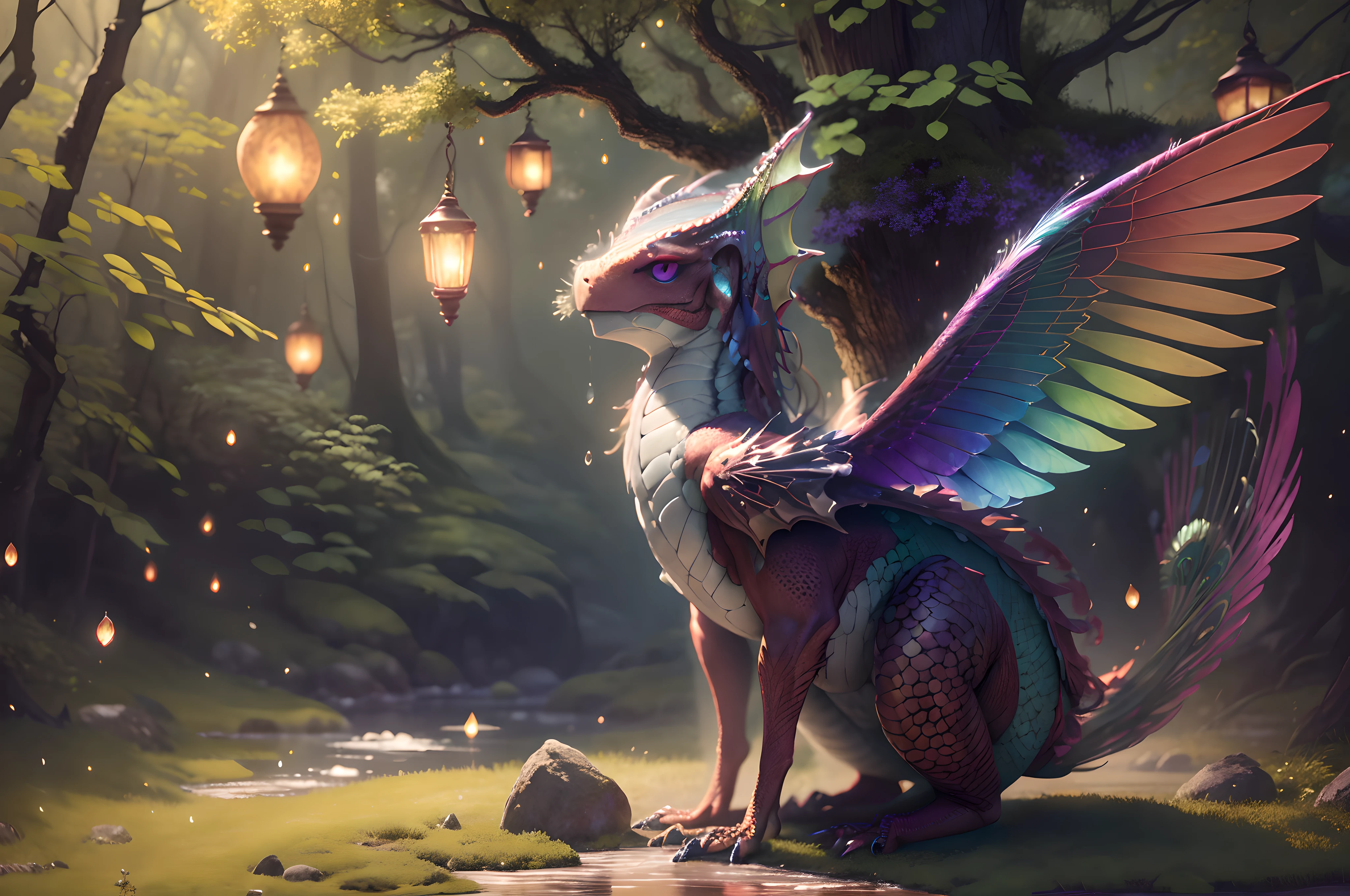 A close up of a dragon sitting on a rock in a forest - SeaArt AI