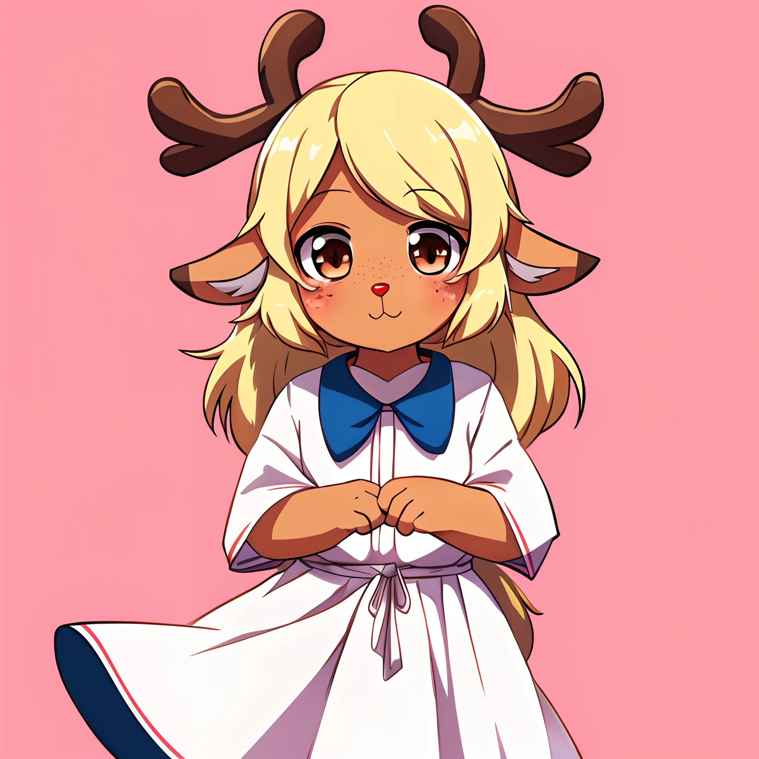 Noelle Holiday from Deltarune, solo, ((anime, cute, chibi artstyle:1.0)), blonde hair, deer, antlers, freckles, red nose, blush, orange body, brown eyes, anime, cute anime style, cute, white dress, skirt, pink background, pastel, pastel lighting, soft lighting, soft color tones, pink color tones, (best quality,4k,8k,highres,masterpiece:1.2)