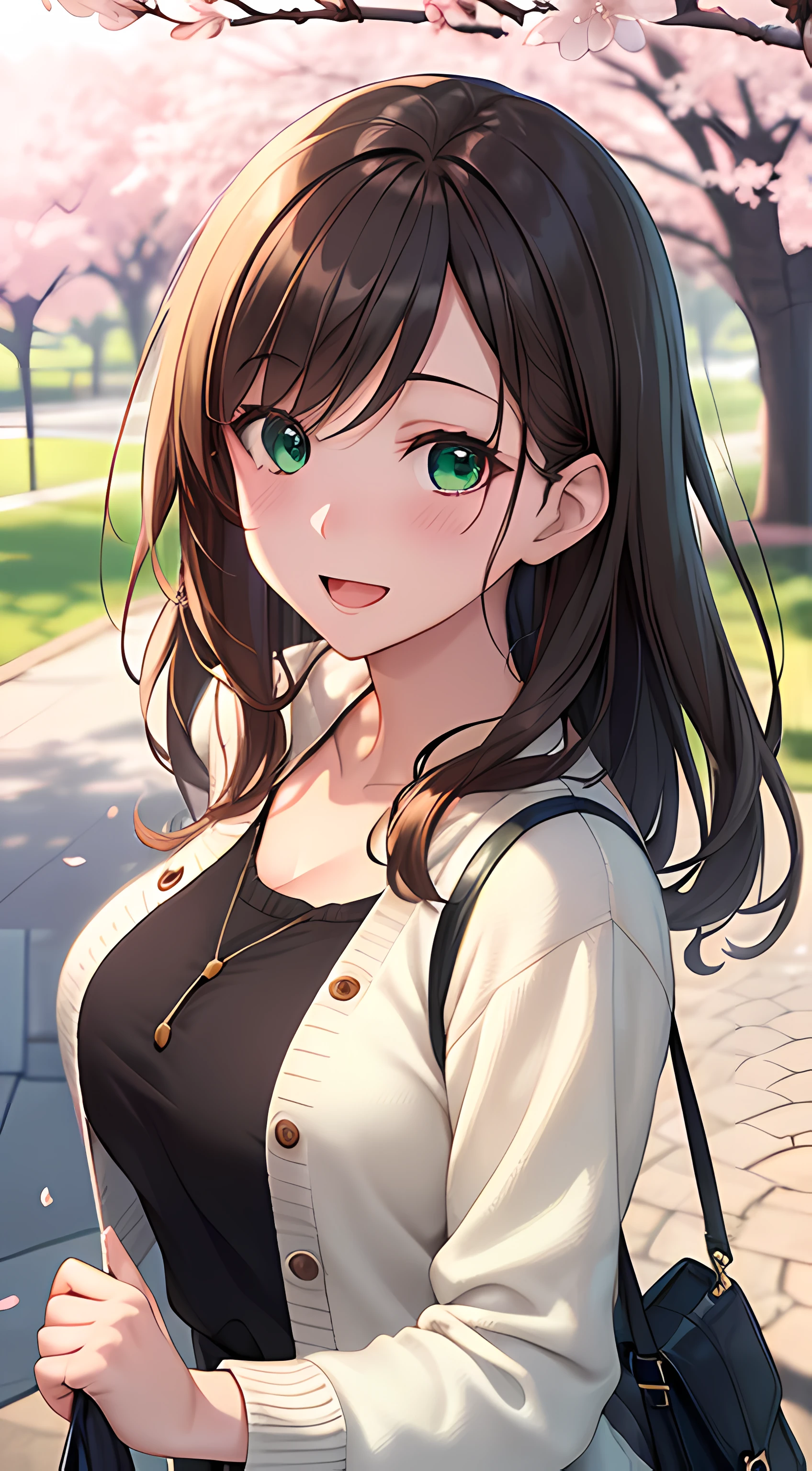 ((masterpiece, best quality, highres, UHD, perfect pixel, depth of field, 4k, RTX, HDR))), 1girl, single, solo, beautiful anime girl, beautiful artstyle, anime character, ((long hair, bangs, brown hair, curly hair:0.8)), ((green eyes:1.4, rounded eyes, beautiful eyelashes, realistic eyes)), ((detailed face, blushing:1.2)), ((smooth texture:0.75, realistic texture:0.65, photorealistic:1.1, anime CG style)), medium breasts, dynamic angle, perfect body, cleavage, ((POV, dynamic pose, portrait)), ((white sweater, long sleeve, black skirt, plaid skirt, fashionable, 1handbag)), smile, open mouth, amusement park, ((cherry blossom tree, cherry blossoms fall))