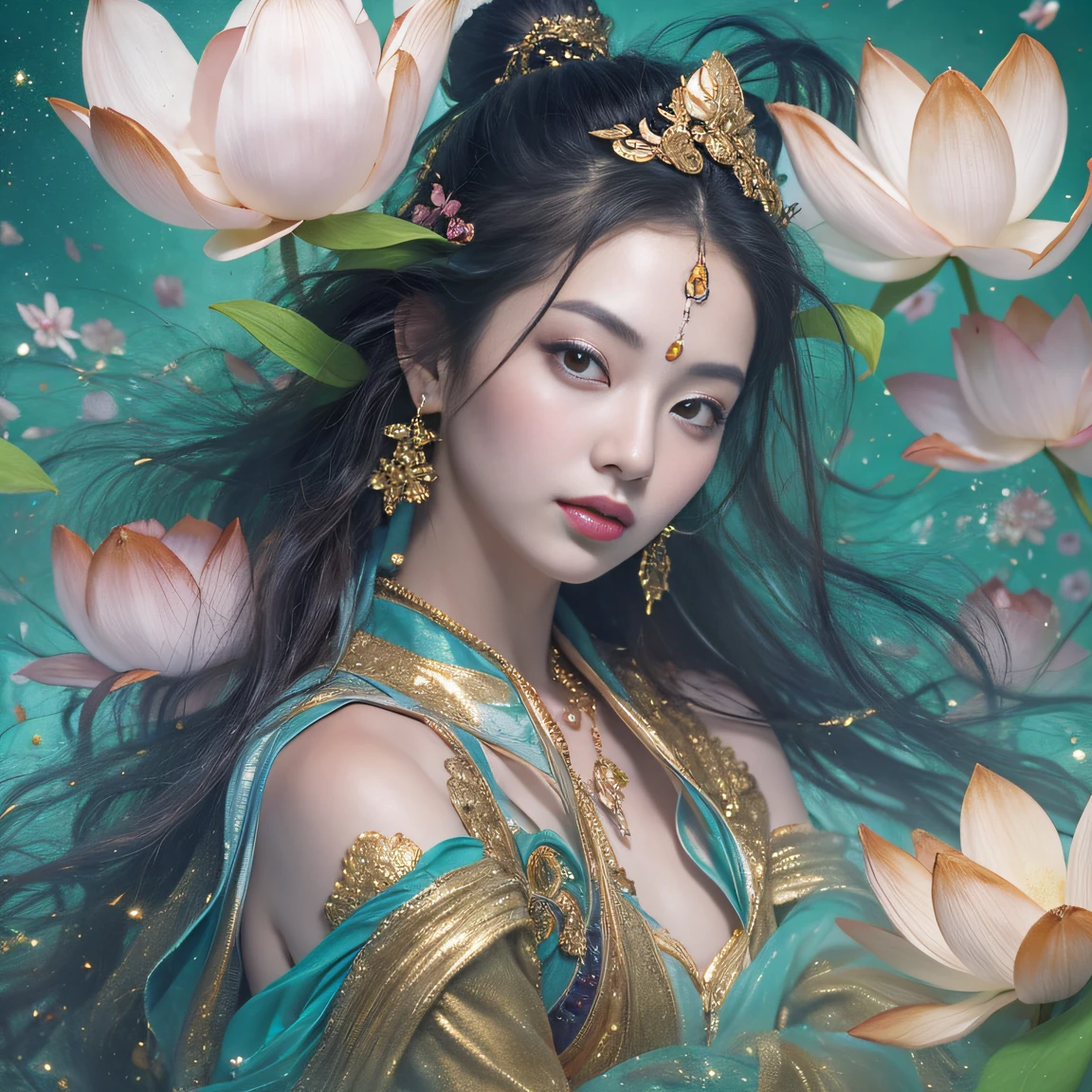 32K（tmasterpiece，k hd，hyper HD，32K）Long flowing black hair，ponds，zydink， a color， Aozhou people （Concubine girl）， （Purple silk scarf）， Combat posture， looking at the ground， long whitr hair， Floating hair， Carp pattern headdress， Chinese long-sleeved clothing， Beautiful woman sitting in a golden car, (((Golden lotus throne)))，The woman wears a light blue dress，Light blue pants，(((Head background with round light)))，(((Behind it is the sun)))，(((Women emit bright and dazzling blue light)))，Women have three heads，In total, The arm has eight mudras，Take all kinds of metal weapons，Barefoot on both feet，There are seven piglets pulling carts in front，goddess of love and peace, indian goddess of wealth, Heavenly Bodhisattva, goddess art, goddess of wisdom, an ancient Chinese goddess，photorealestic，professional photoshooting，Realiy，超高分辨率，tmasterpiece，（Abstract gouache splash：1.2）， Pink petal background，Pink and white lotus flowers fly（realisticlying：1.4），Black color hair，Fallen leaves flutter，The background is pure， A high resolution， the detail， RAW photogr， Sharp Re， Nikon D850 Film Stock Photo by Jefferies Lee 4 Kodak Portra 400 Camera F1.6 shots, Rich colors, ultra-realistic vivid textures, Dramatic lighting, Unreal Engine Art Station Trend, cinestir 800，Long flowing black hair，Denim skirt