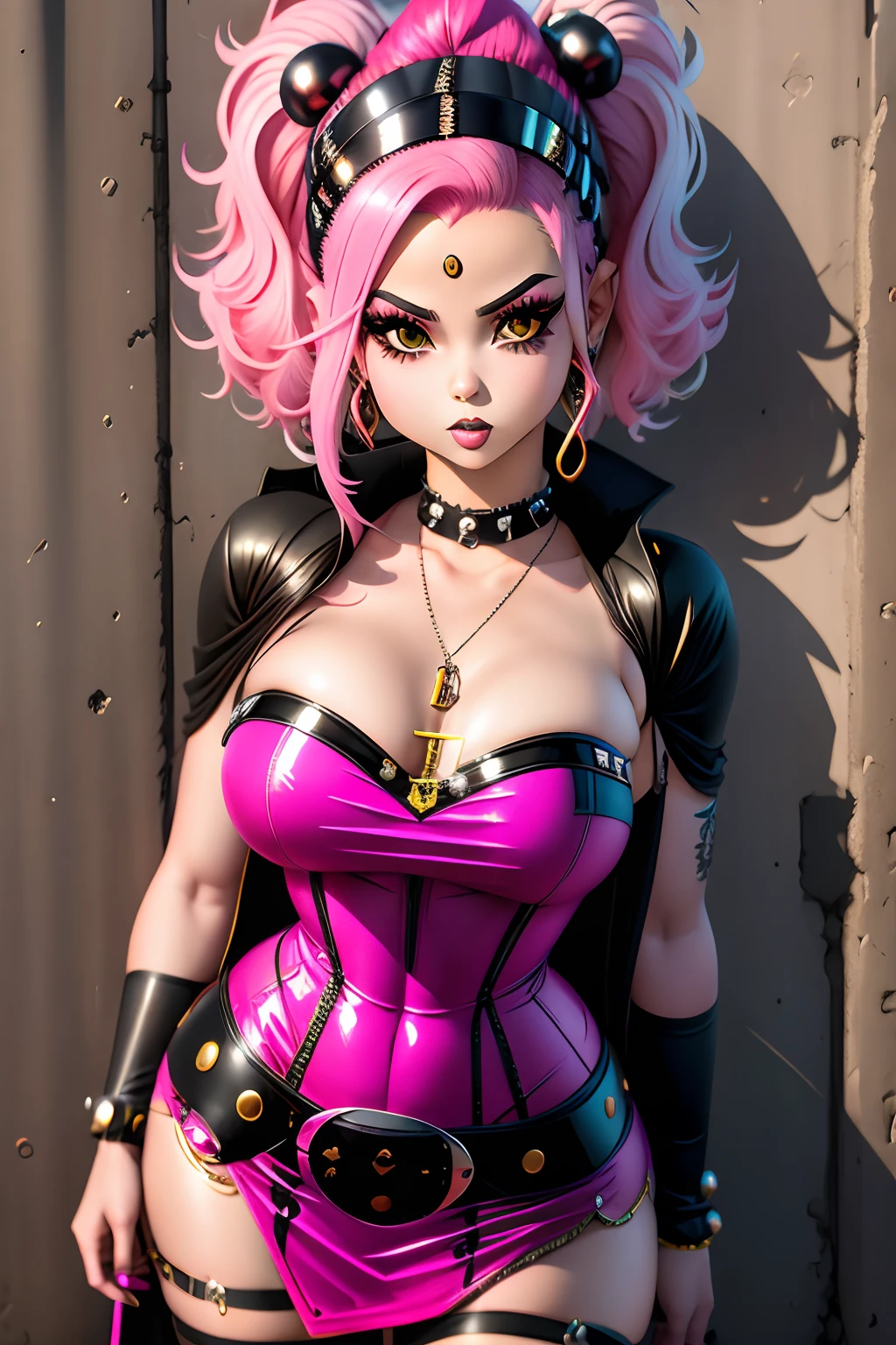 Araffe girl with pink hair and a crown on her head, vestido com roupas punk, vestido com roupas crustpunk, Anime Garota Cosplay, cybergoth, usando uma roupa punk, Kerli Koiv como Anime Girl, 1 7 - year - old anime goth girl, linda Delphine, Anime cosplay, com cabelo rosa, ****** anime na vida real, Garota Punk