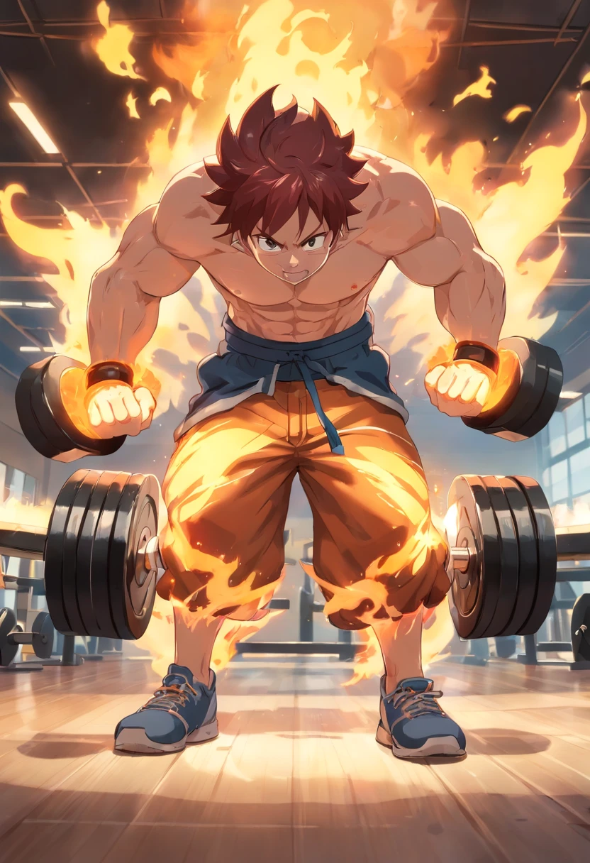 Natsu Dragneel, cauda de fada, masculino, Working out intensely in a bodybuilding gym, Well-defined and detailed muscles, focus in muscles, well-defined biceps and triceps, olhos perfeitos, perfect hands, rosto perfeito, tatuagem vermelha no ombro, expression serious, effect of flames around the character demonstrating his fury when lifting the weights.