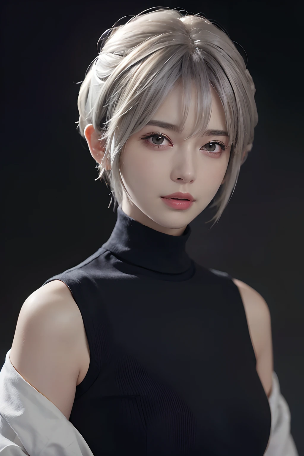 (masuter piece:1.3)、(8k、Photorealsitic、RAW Photography、top-quality: 1.4)、(1girl)、beautiful countenance、(lifelike face)、(white  hair、a pixie cut:1.3)、Beautiful hairstyle、realisticeyes、Beautiful details、（real looking skin）、Beautiful skins、（High neck knit）、absurderes、enticing、超A high resolution、A hyper-realistic、high-detail、the golden ratio