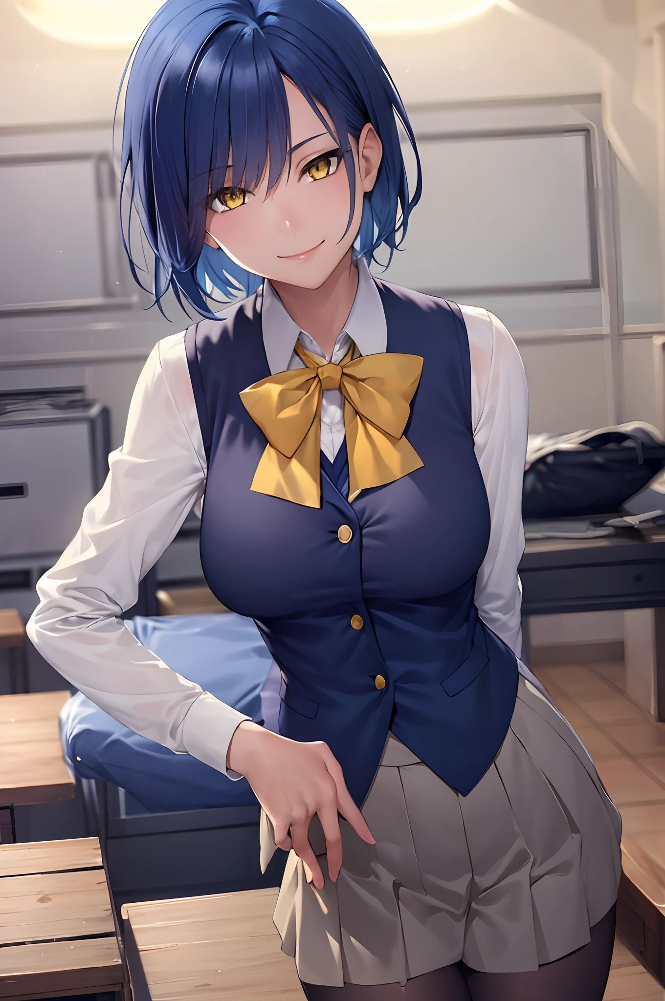 masterpiece, best quality, short hair, blue hair, yellow eyes, indoors, medium breasts, school uniform, bowtie, black vest, smile,