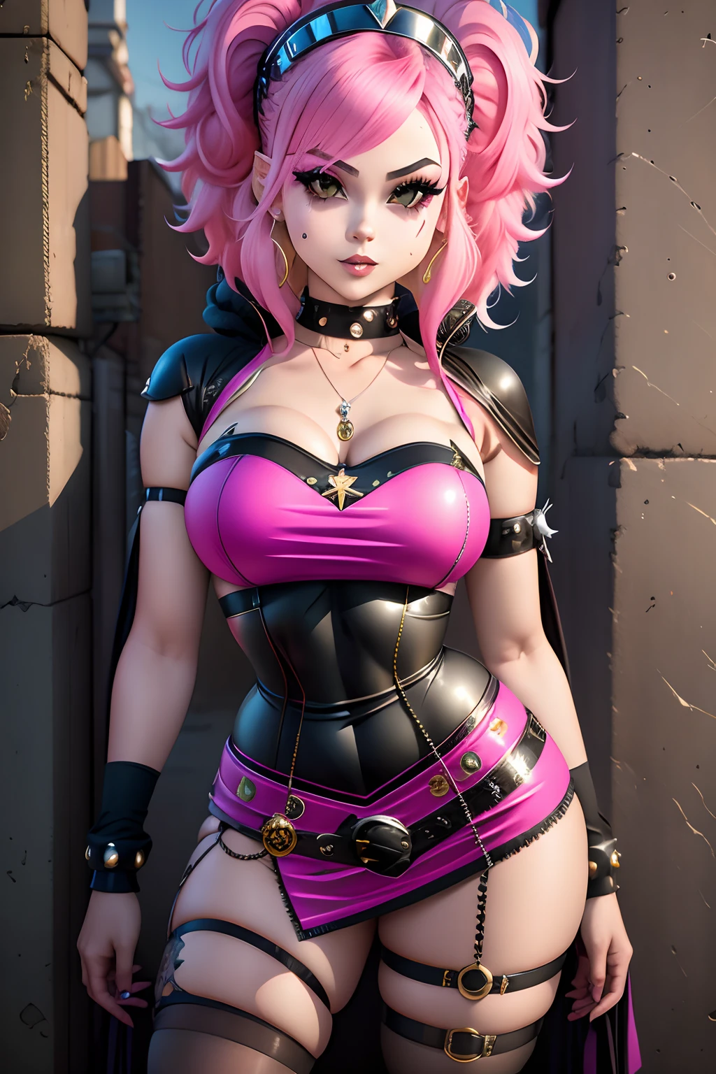 Araffe girl with pink hair and a crown on her head, vestido com roupas punk, vestido com roupas crustpunk, Anime Garota Cosplay, cybergoth, usando uma roupa punk, Kerli Koiv como Anime Girl, 1 7 - year - old anime goth girl, linda Delphine, Anime cosplay, com cabelo rosa, ****** anime na vida real, Garota Punk