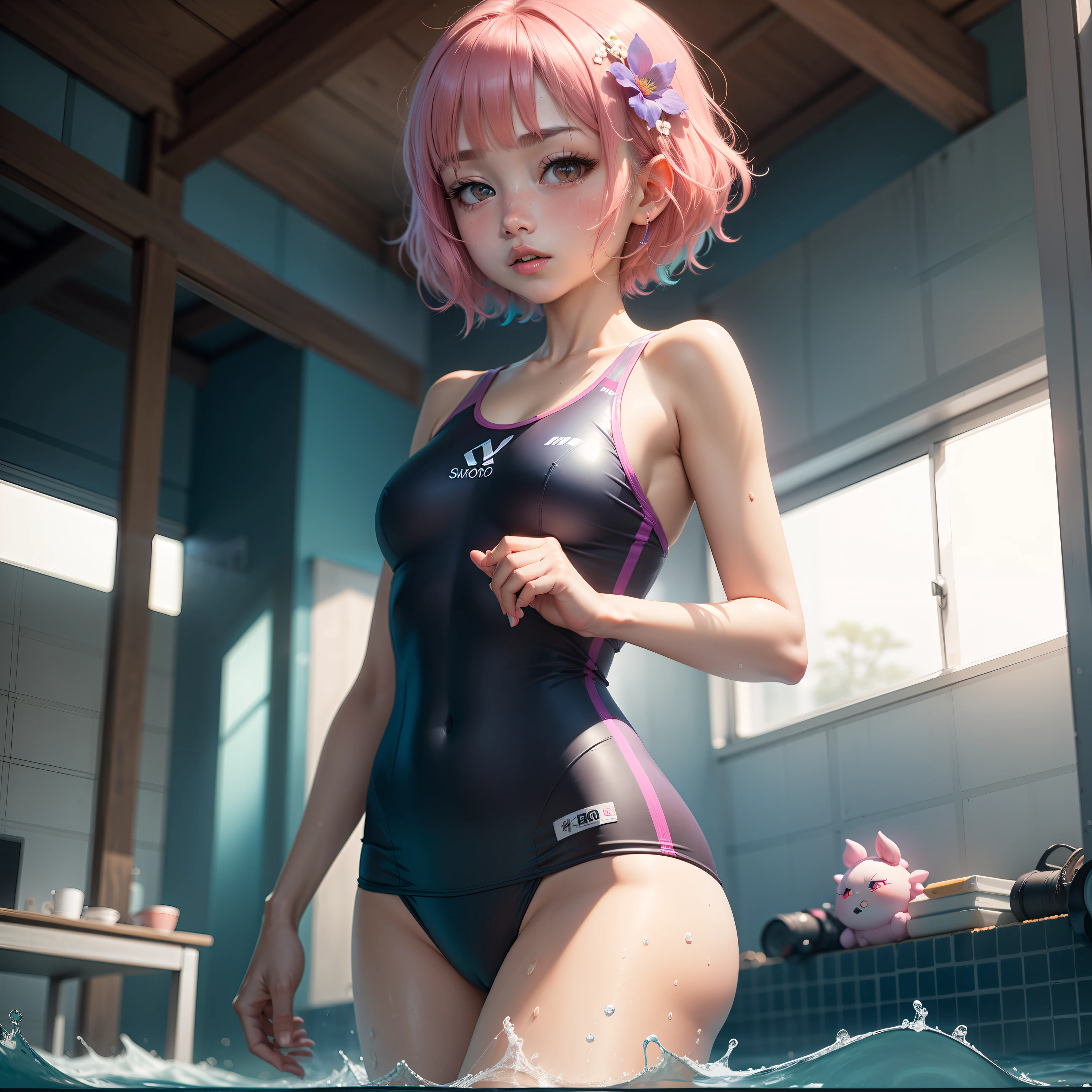 Swimming Lessons,PH Momo, momohd, phmomo, Solo, 1girl in, Pink hair, Purple eyes, Short hair, Hair Flower, Wear a student swimsuit, Big eyes, embarrassed,