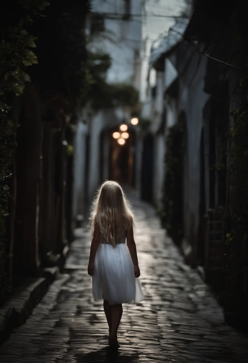 Young girl ((ultra realistic:1.2)), with white long hair and white eyes wearing black and white dress, walking down a dim lit alley, worm eye view, dslr.